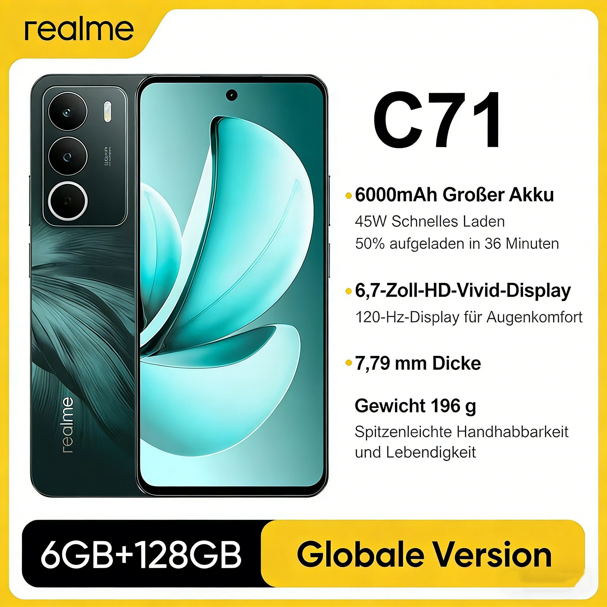 AIBISTAR Realme C71, 6,67" 120Hz Display, 6000mAh Akku, 45W, 50MP Kamera Handy (18 cm/7.2 Zoll, 128 GB Speicherplatz, 50 MP Kamera, 6GB+128GB, Android 15, 4G Smartphone)