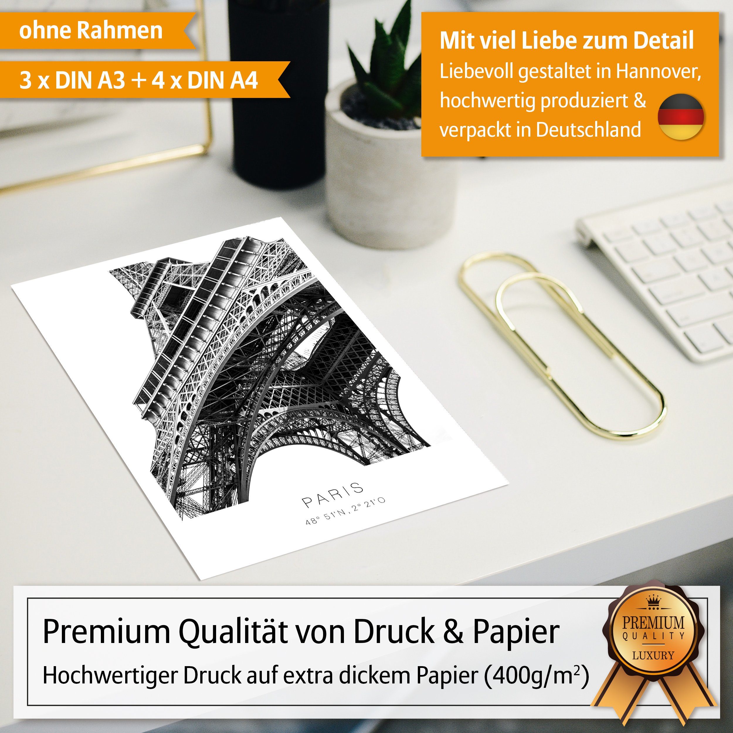 Hyggelig Home Poster Paris - Premium Poster Set OHNE & MIT Rahmen - Wandbilder schwarz weiß, Stadt (Set, 7 St), Collage Eiffelturm, Qualitätsdruck dickes Papier