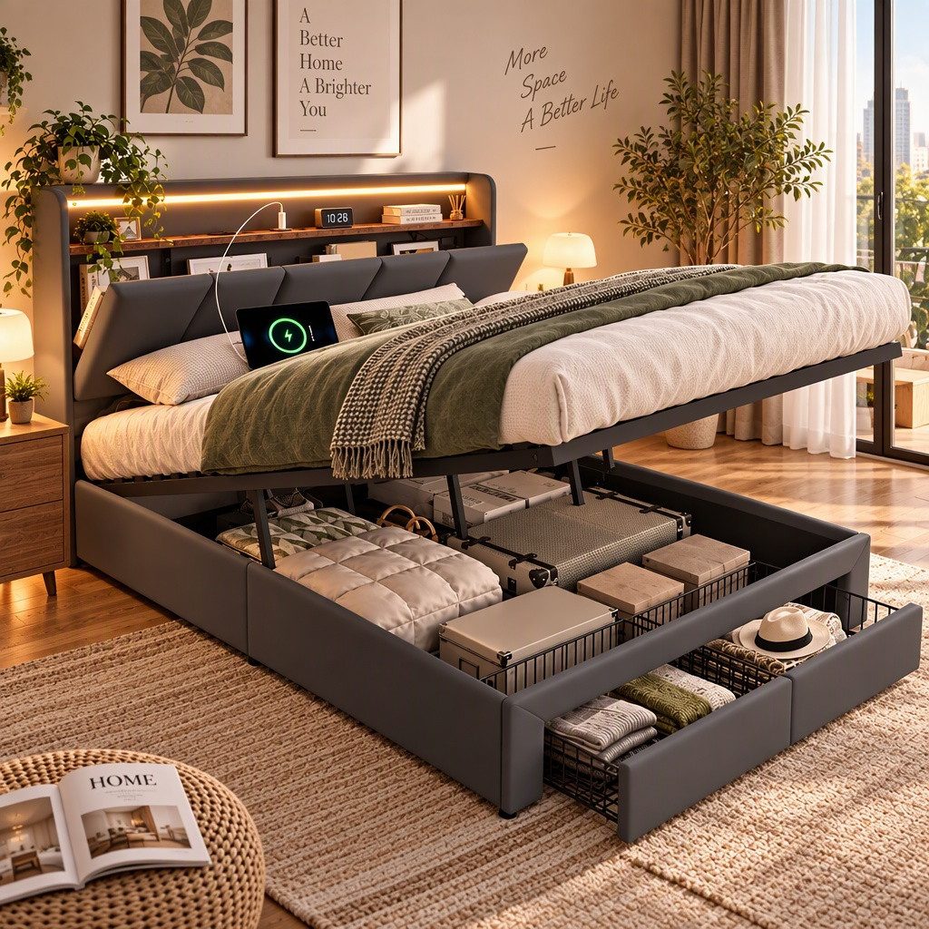 PXloue Stauraumbett Polsterbett mit Stauraum (Hochklappbares Bett 140x200 cm (USB-Ladeanschluss), 2 Schubladen, mit stabilem Lattenrost & gepolstertem Kopfteil