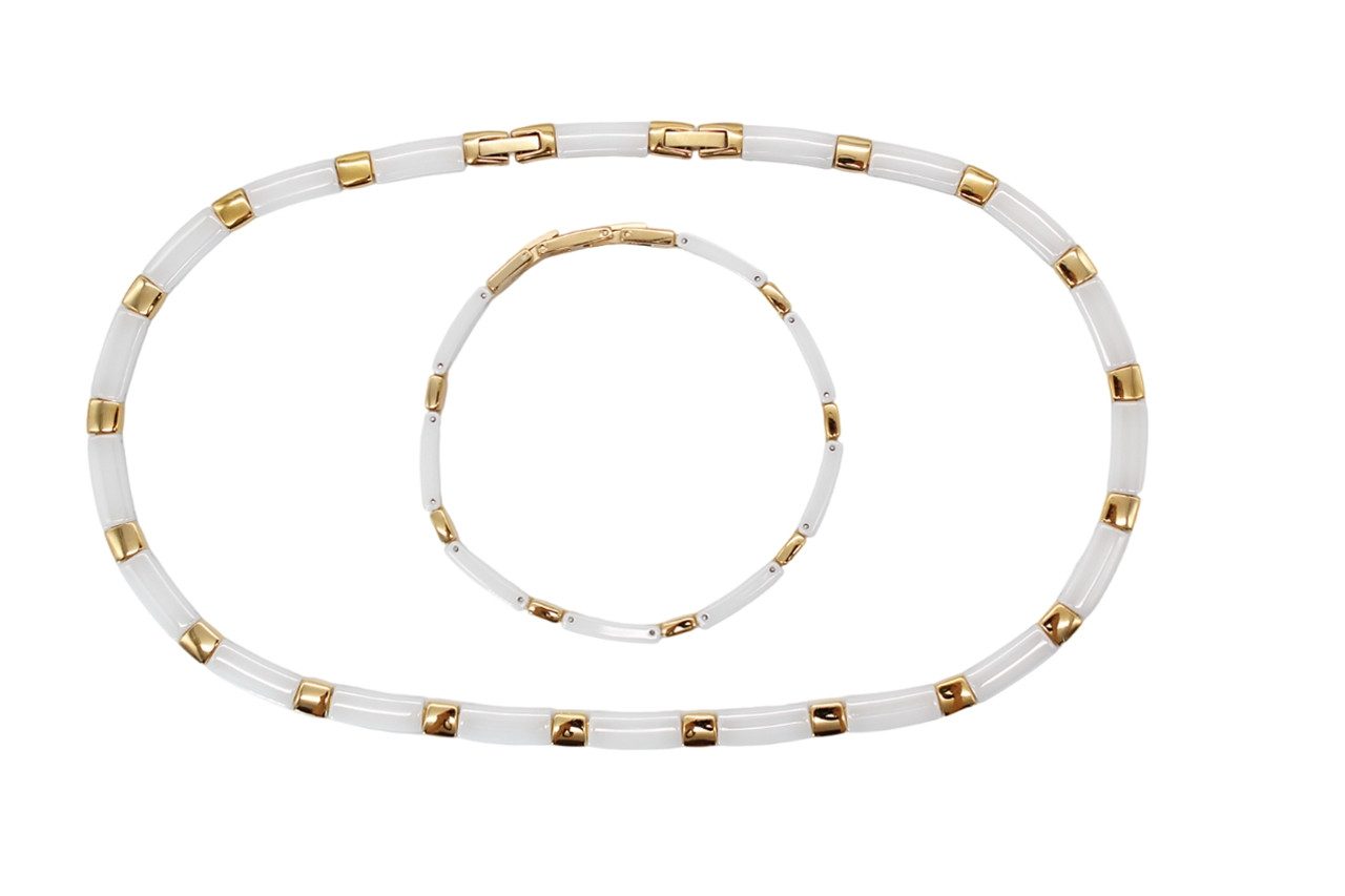 ELLAWIL Collier-Set Collier und Armband aus Keramik und Edelstahl Weiß, Gold (Kettenlänge 48 cm, Armbandlänge 19 cm, Breite 6 mm), inklusive Geschenkschachtel