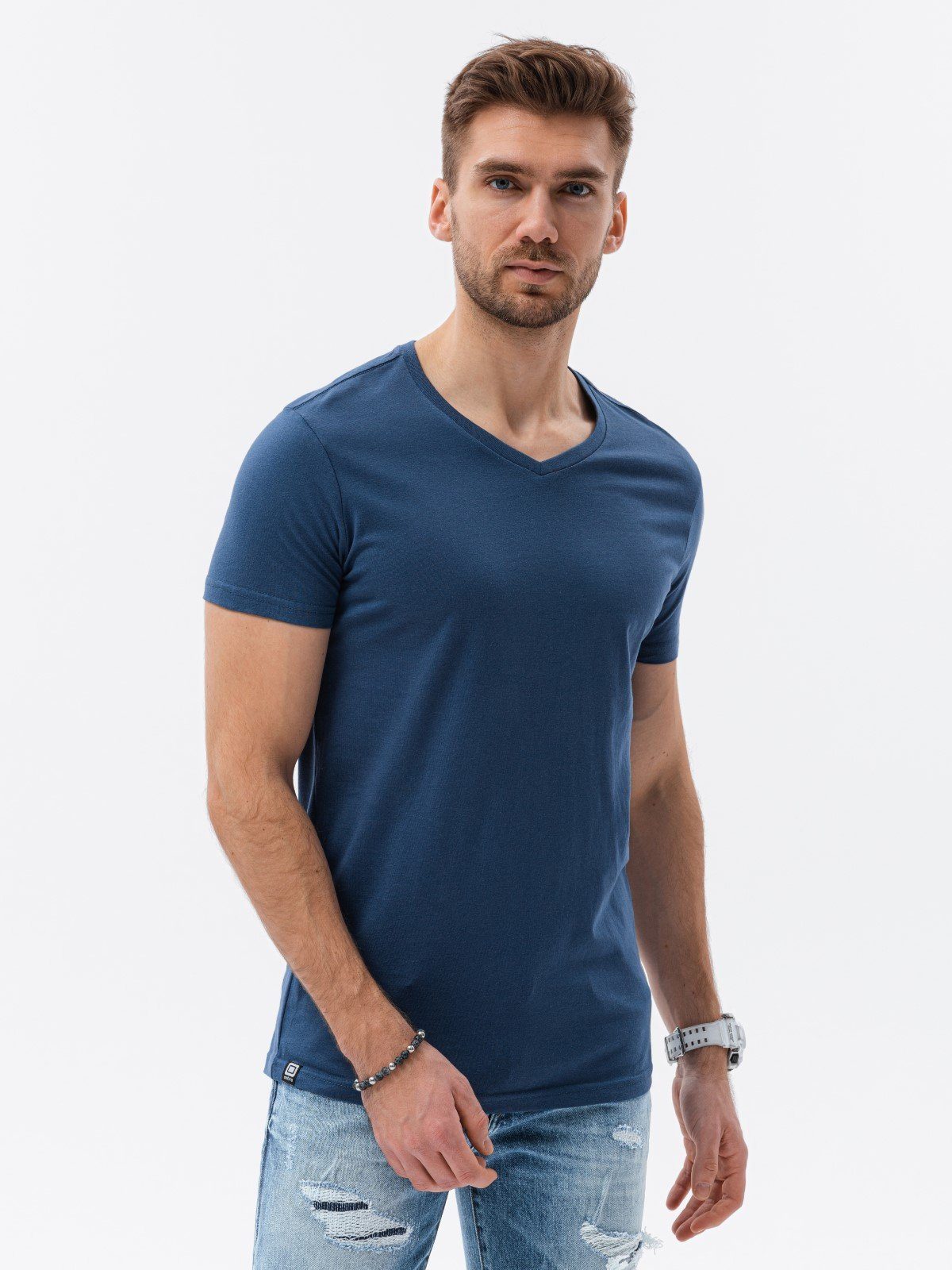 OMBRE T-Shirt Ombre Herren-T-Shirt BASIC mit V-Ausschnitt - hellbraun V9  S1369 M