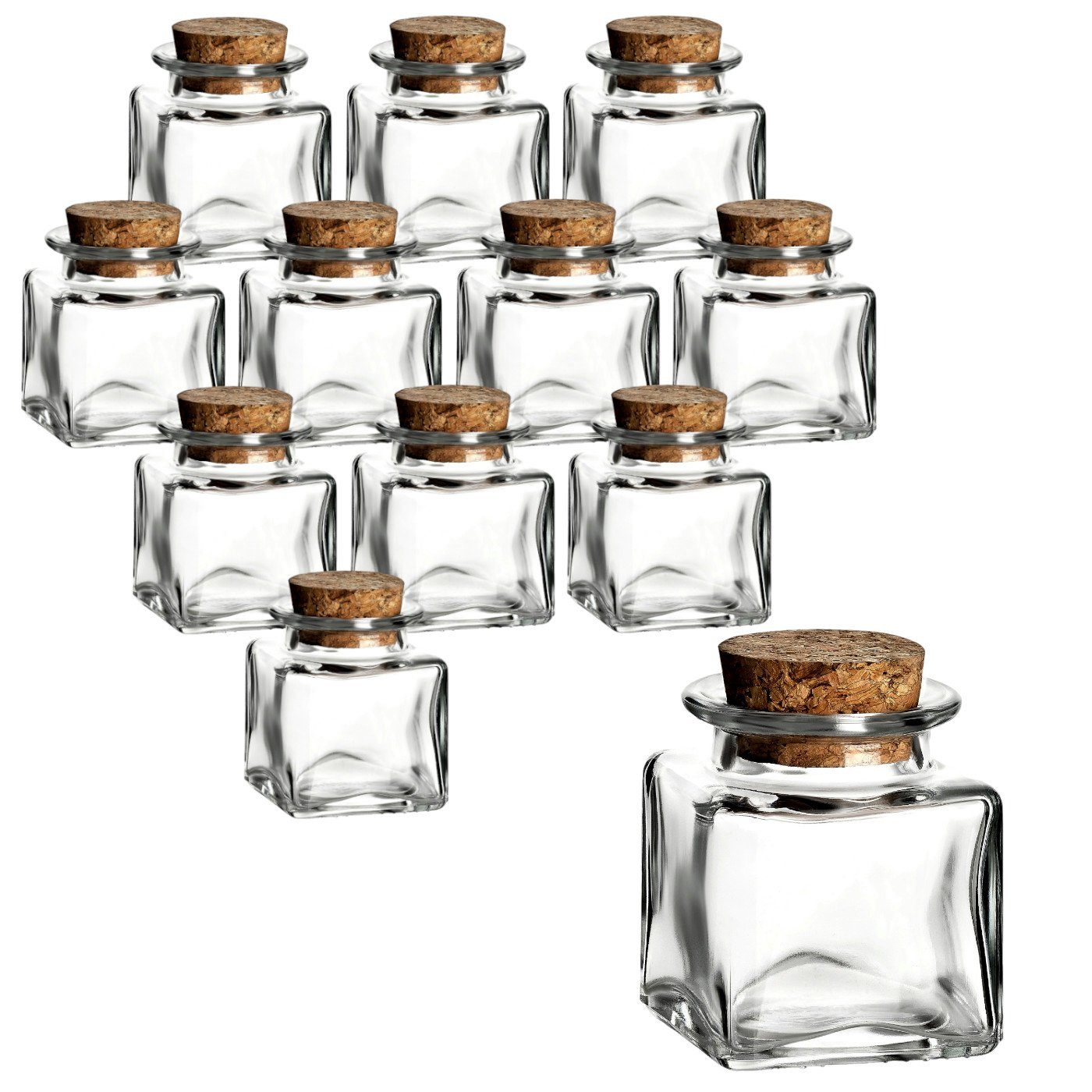 gouveo Vorratsglas Gewürzgläser 50 ml eckig mit Korken - Mini Korkengläser mit Korken, (12-tlg)