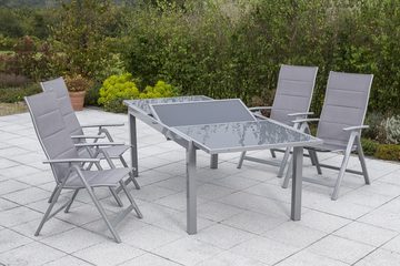 MERXX Garten-Essgruppe Taviano, (Set, Tisch, 4 Sessel, Aluminium mit Textilbespannung, Sicherheitsglas), Sessel in Sitz und Rücken gepadded