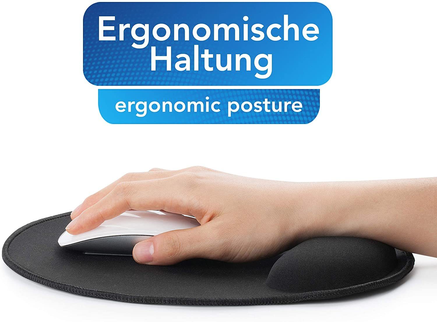 MAXLVL Mauspad mit Gelkissen - 26x23cm (Ergonomisches Mauspad mit Vernähte Kanten, 1-St., schwarz), Mousepad mit Handauflage für schonende Handgelenk Haltung – Bild 5 von 5