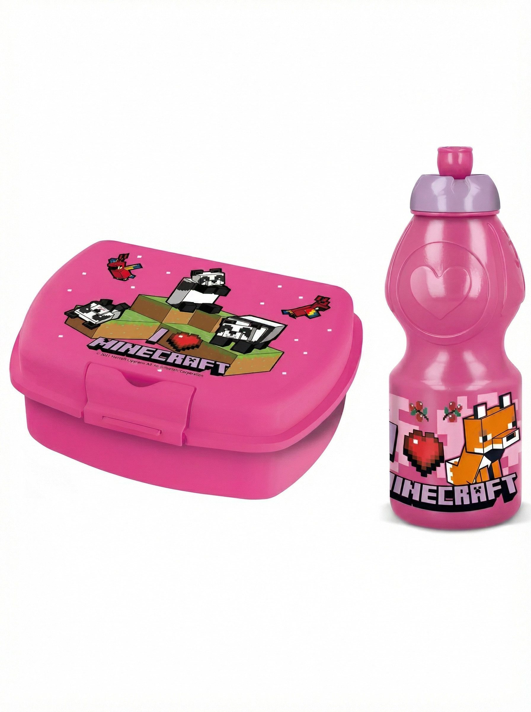 Minecraft Lunchbox Minecraft Gamer Panda Kinder 2 tlg. Set Brotdose Trinkflasche 400 ml, (2-tlg., Spar-Set)