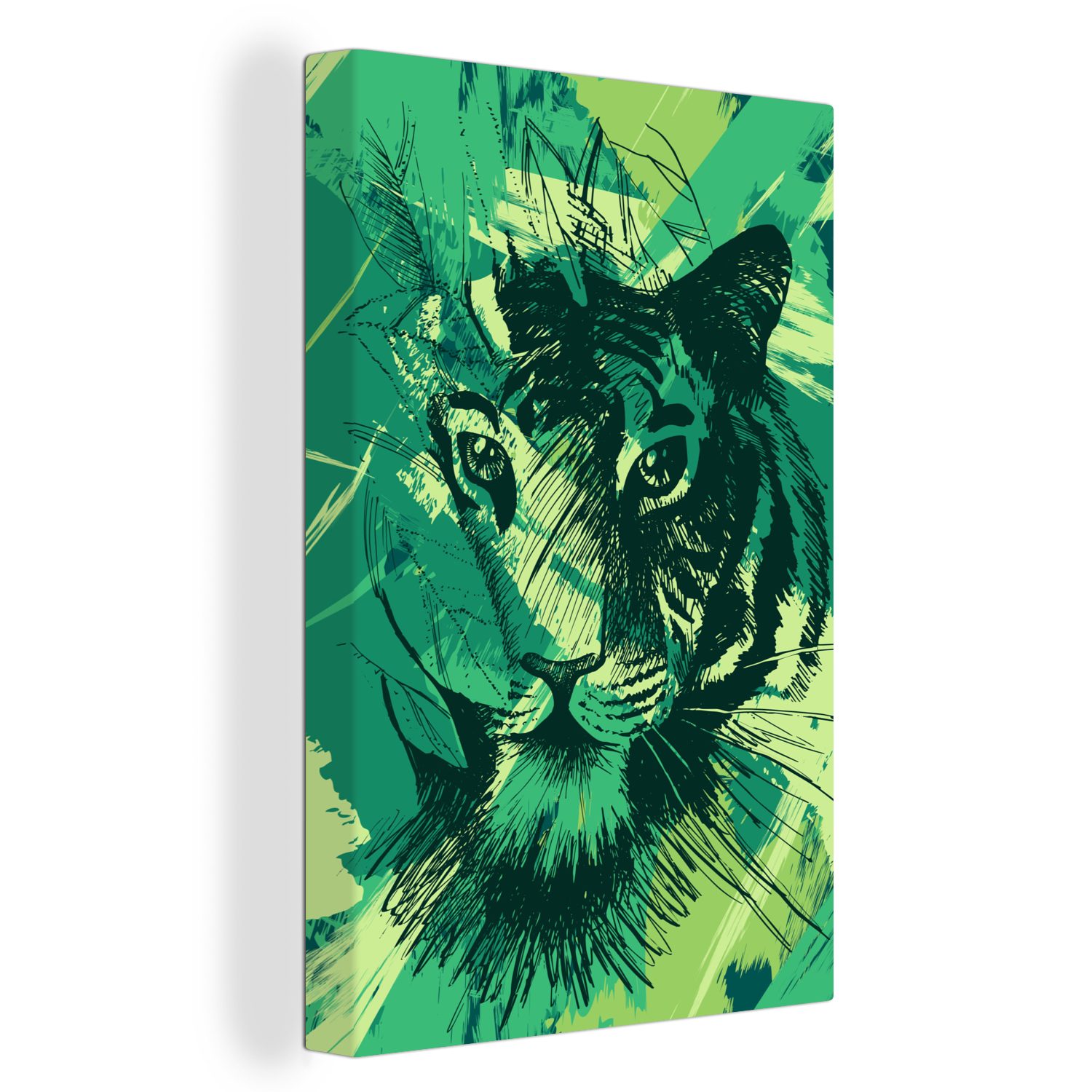 Zackenaufhänger, (1 - cm Gemälde, St), bespannt Grün, fertig OneMillionCanvasses® Tiger Leinwandbild Leinwandbild 20x30 Abstrakt inkl. -