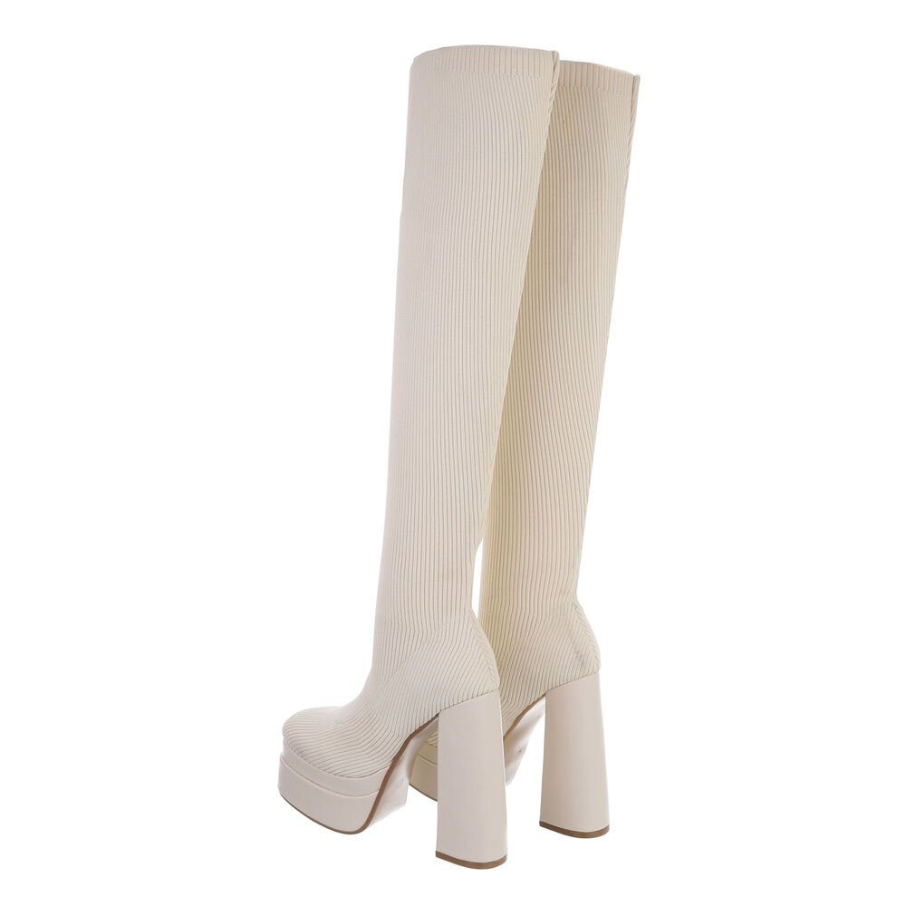 Ital-Design Damen Party & Clubwear Overkneestiefel Blockabsatz High-Heel Stiefel in Beige