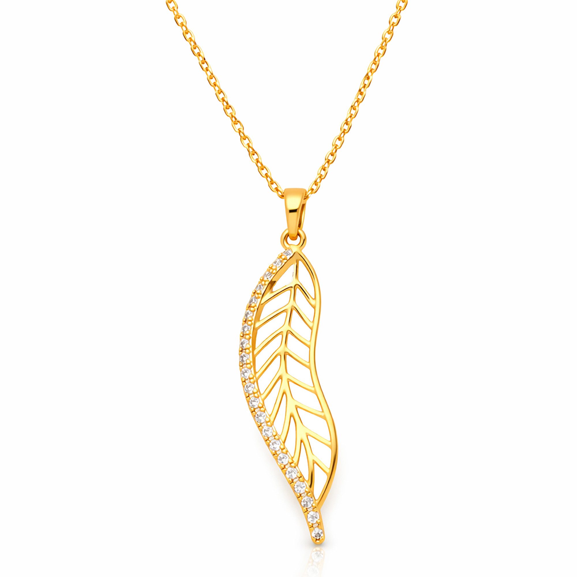 Kette mit Anhänger 750er Gold Vergoldet Halskette Zirkonia Blatt Anhänger Glitzer Kette