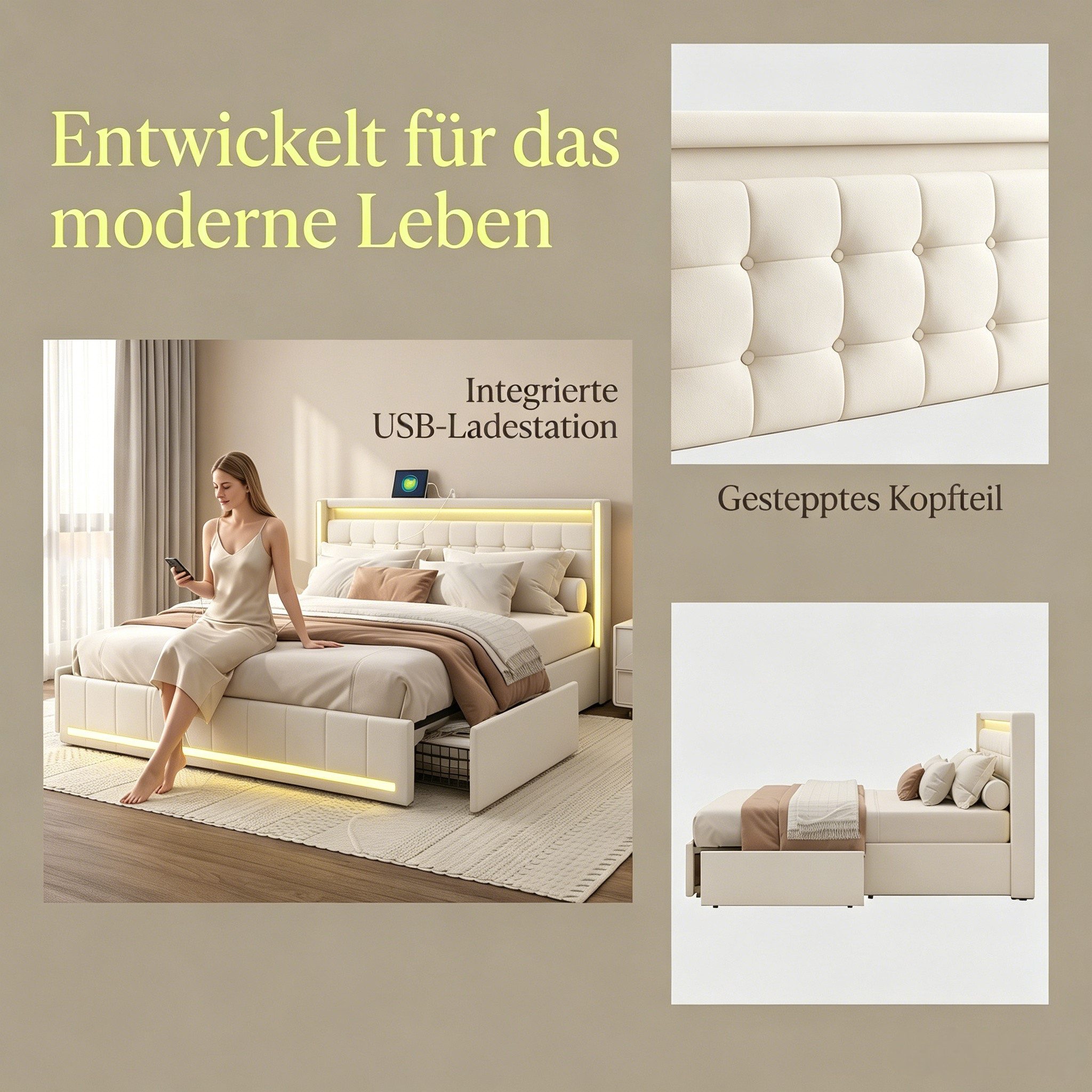 PXloue Polsterbett LED-Bett mit Stauraum und Ladeanschluss (Geeignet für Jugendliche und Erwachsene), Fernbedienung für LED-Farben und sicheres Leinenmaterial 160x200 cm