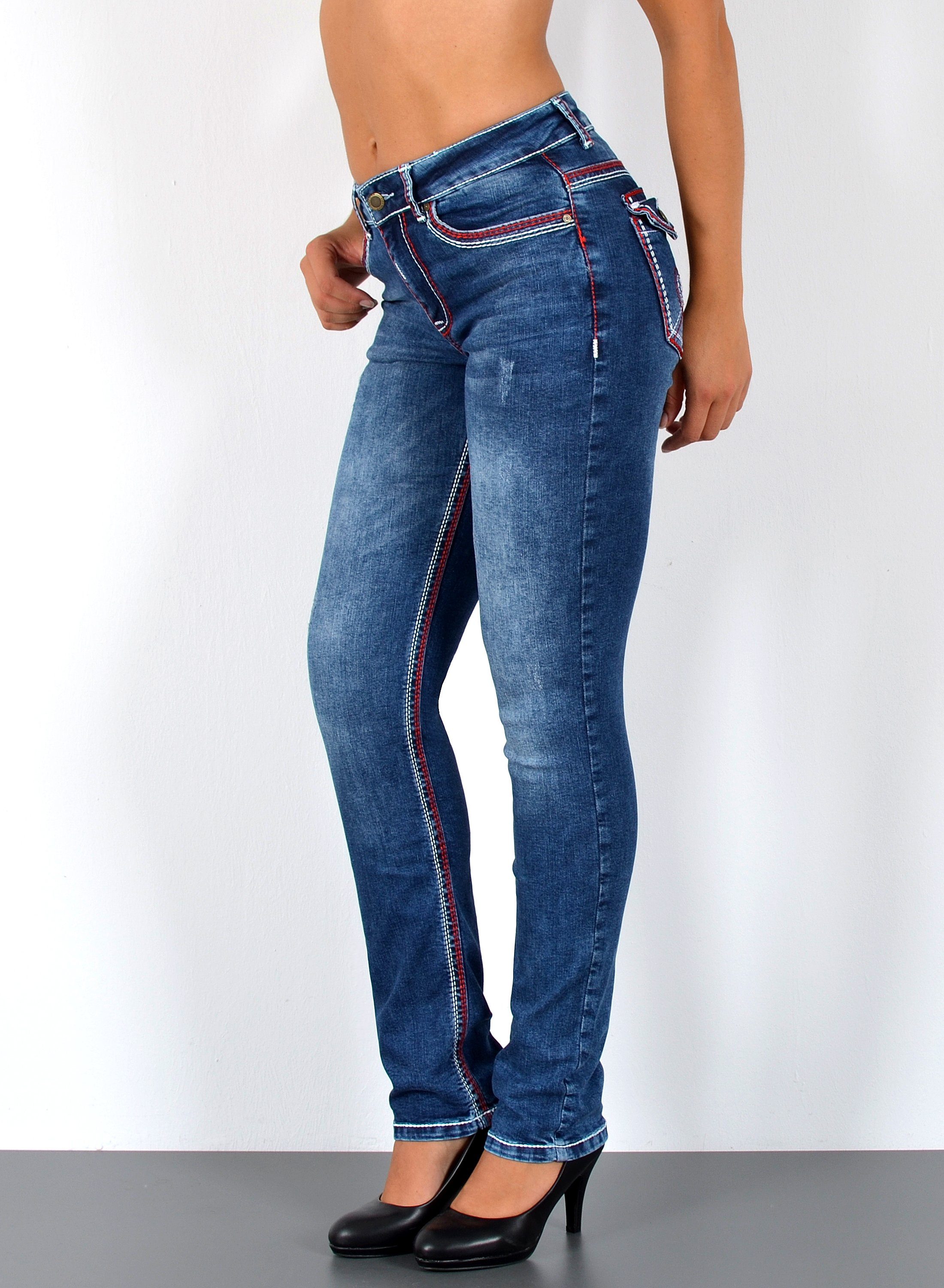 ESRA Straight-Jeans Damen Jeanshose weiße Naht hohe Leibhöhe Stretch Jeans Straight G12 High Waist Jeans Damen Straight Hose mit dicker Naht bis Übergröße