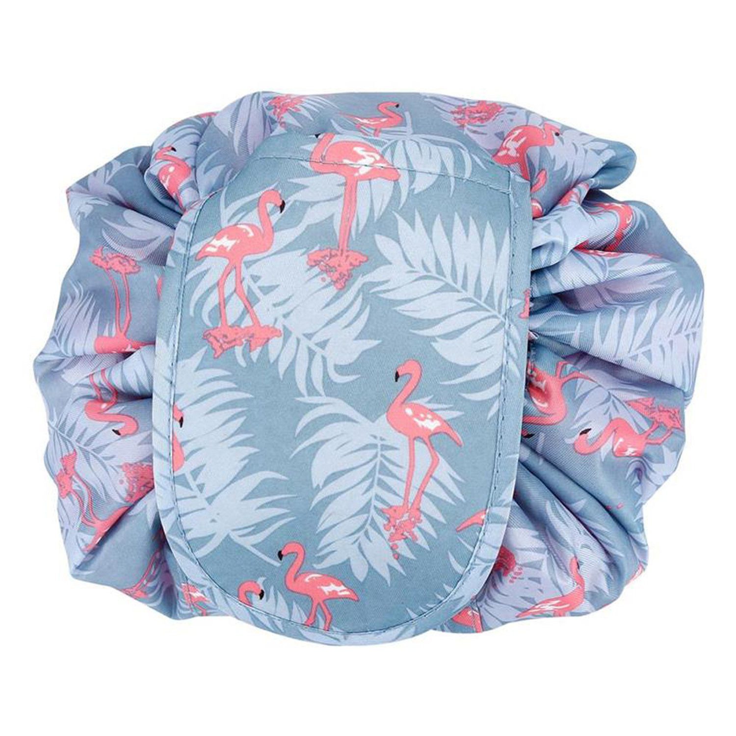 Intirilife Kosmetiktasche (Kulturbeutel mit Kordelzug in GRAU ROSA FLAMINGO), Runder One Step Kosmetikbeutel Kosmetiktasche