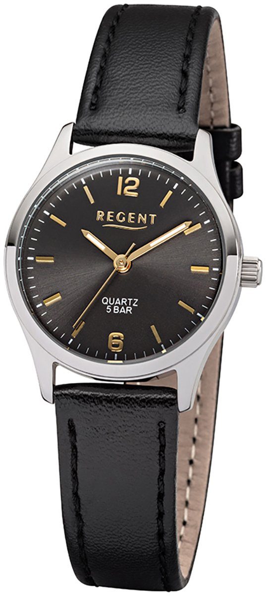 Regent Quarzuhr Regent Damen-Armbanduhr schwarz Analog, Damen Armbanduhr rund, klein (ca. 29mm), Lederarmband