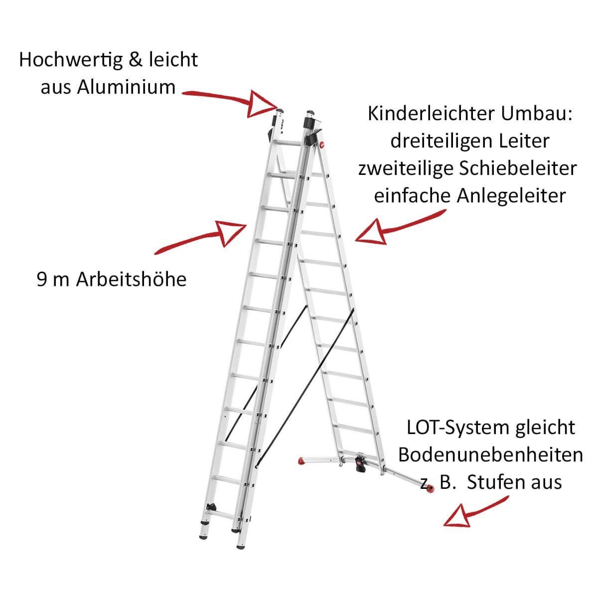 Hailo Trittleiter ProfiLOT Aluminium-Teleskopleiter mit gratis Einhängetritt, Kombi-Leit (Set, gratis Einhängetritt), mit bis zu 150 kg belastbar, Rasthaken mit Transportsicherung