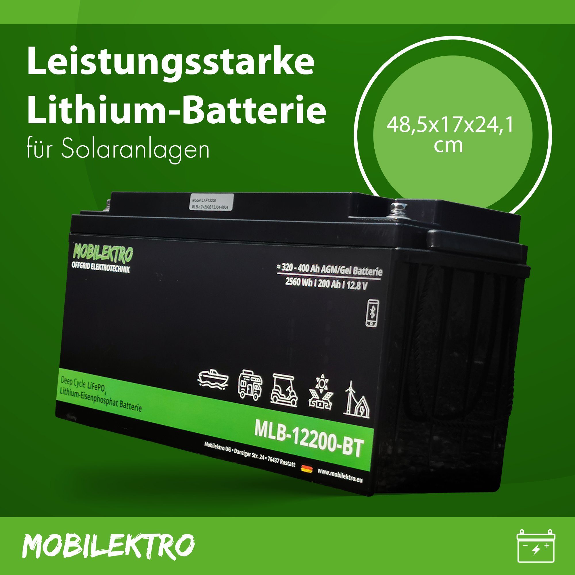 MOBILEKTRO MLB-12200-BT Batterie, (12V Versorgungsbatterie LiFePO4 V), für 2560Wh Boot, Wohnmobil, 200Ah, Solar