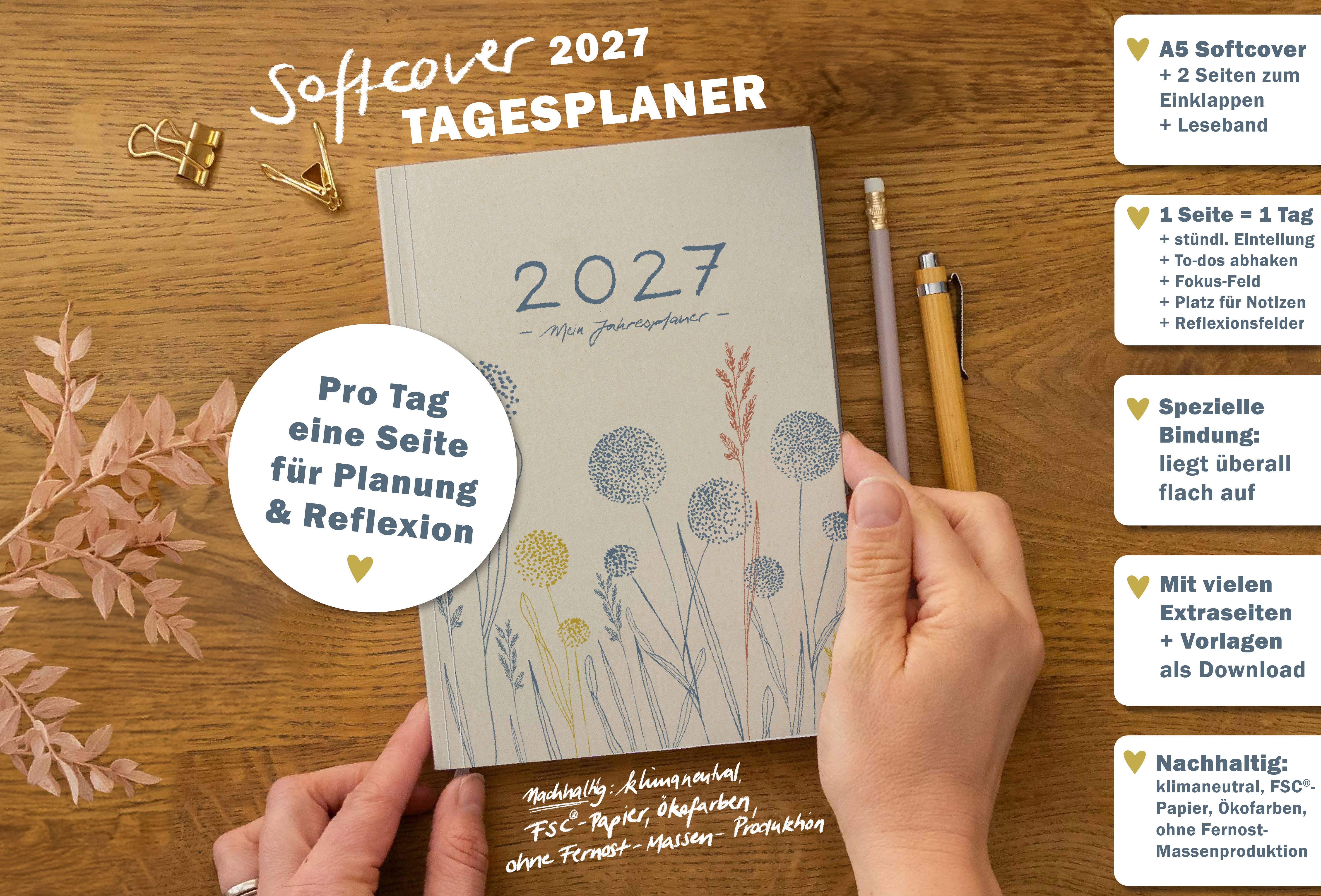 Eine der Guten Verlag Terminkalender Terminkalender Terminplaner 2027 - 365 gute Tage A5, Creme Blau, 1 Seite/ Tag, 408 S. FSC-Papier, Softcover, klimaneutral – Bild 2 von 5