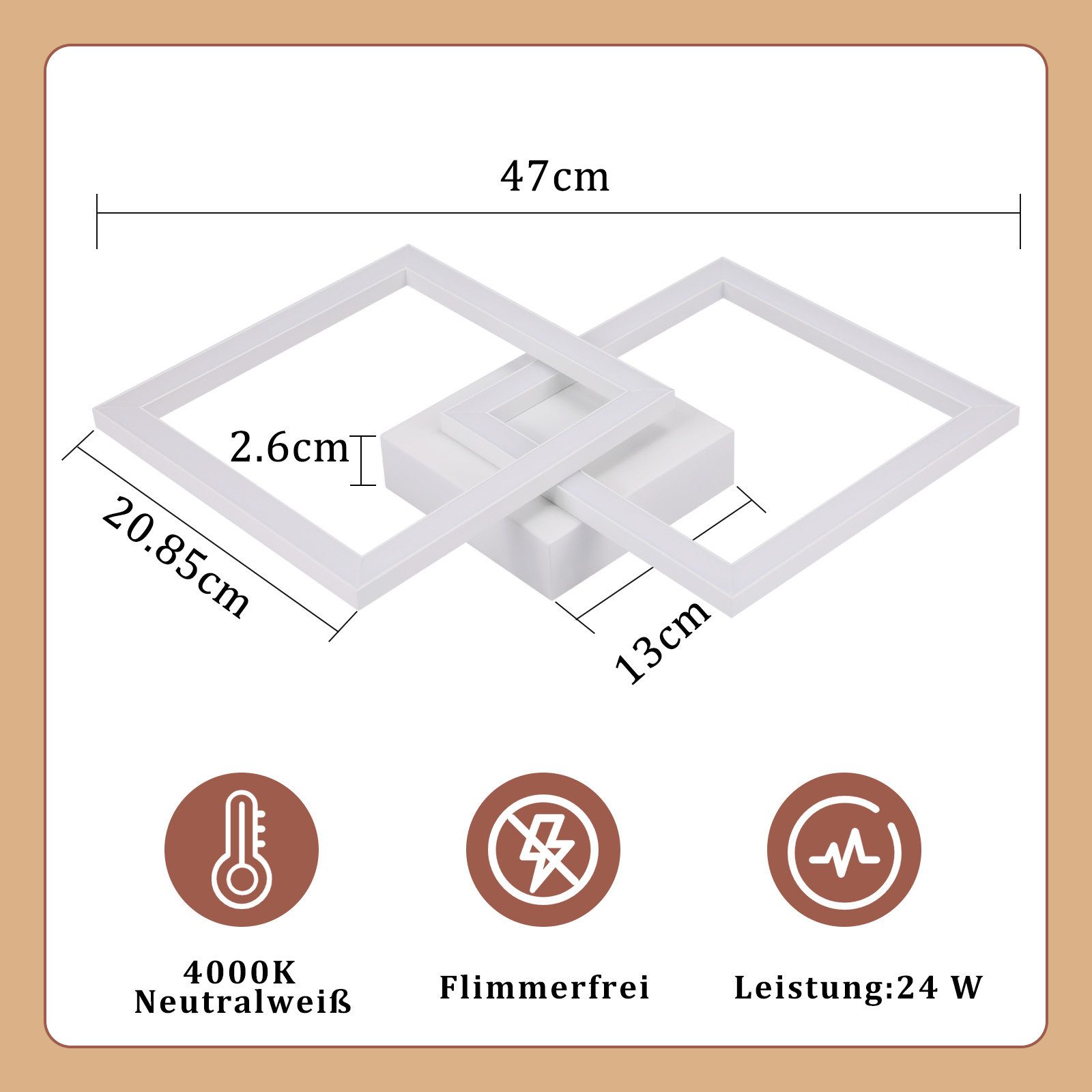 Nettlife LED Deckenleuchte Modern Schwarz/Weiß Eckig Schlafzimmer 24W Metall 3000K/4000K, LED fest integriert, Neutralweiß, Deckenbeleuchtung für Wohnzimmer Flur Schlafzimmer Küche