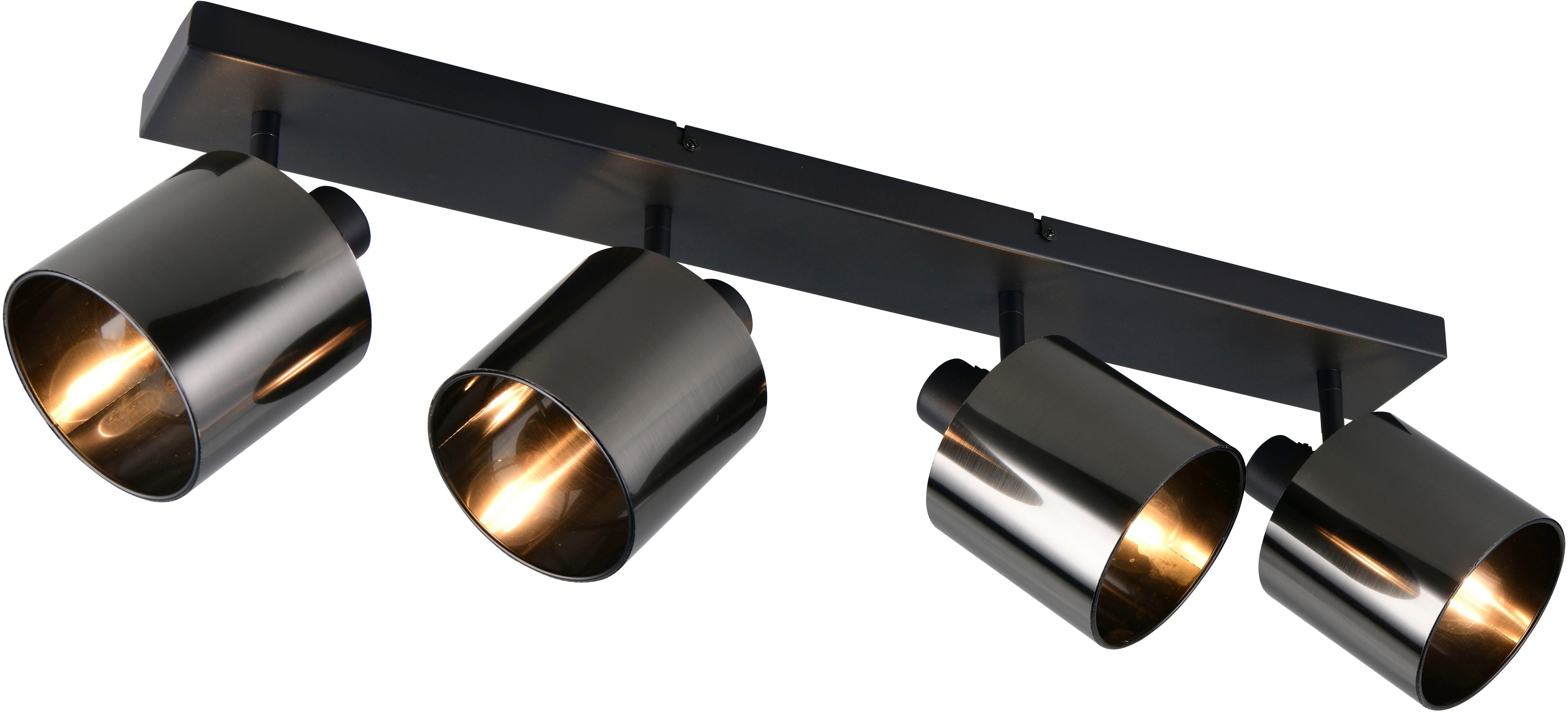 Reality Leuchten Deckenstrahler JASON, Deckenspot 4-flammig exkl 4x E4 max 10W, 76x22x12 cm (B/H/T), Leuchtmittel wechselbar, warmweiß - kaltweiß, 4 verstellbare Strahler, Metall schwarz, Lampenschirm rauchgrau