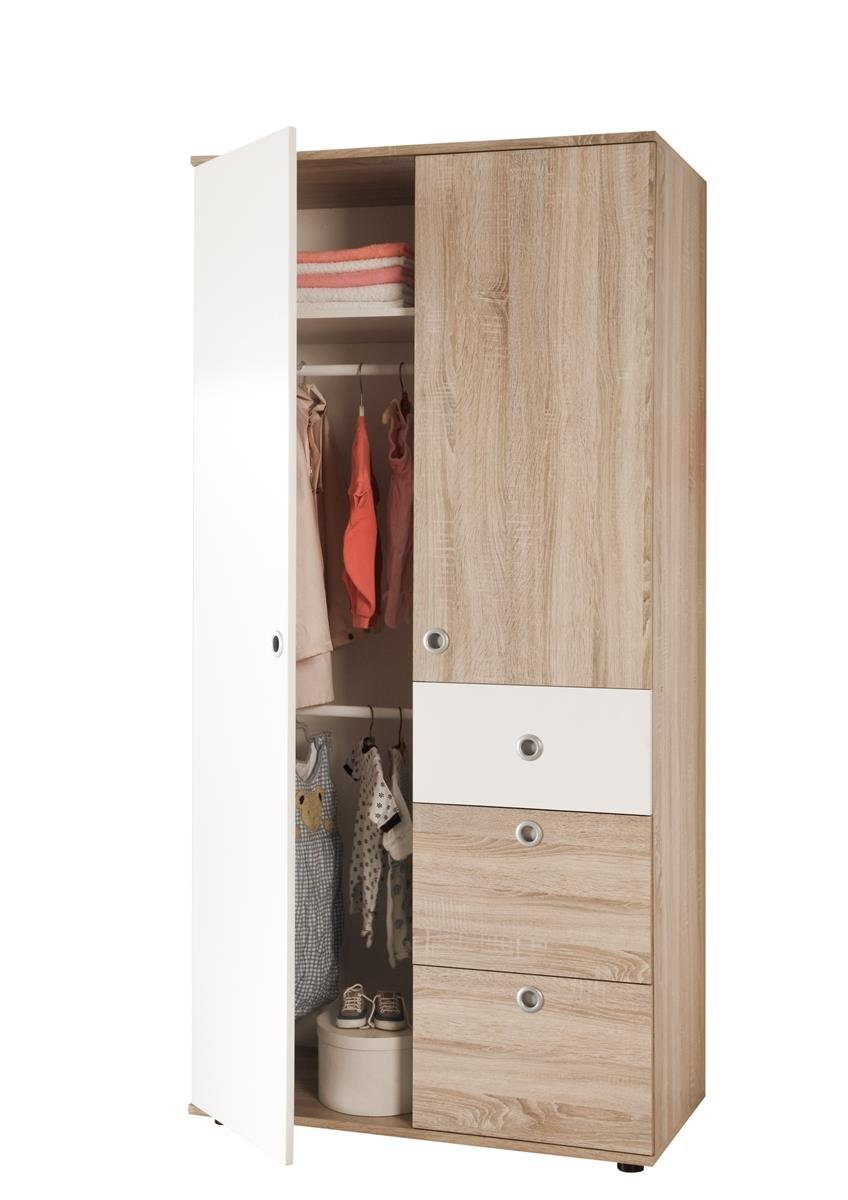 90 cm, Sonoma-Eiche 3 Breite Floris Weiß cm Absetzungen 191 in Drehtürenschrank cm, 53 dahinter Moderner Kinder-Kleiderschrank und Einlegeböden. mit in Kleiderstangen möbelando Nachbildung, aus 2 Schubkästen Türen 2 Tiefe 3 Spanplatte Höhe und