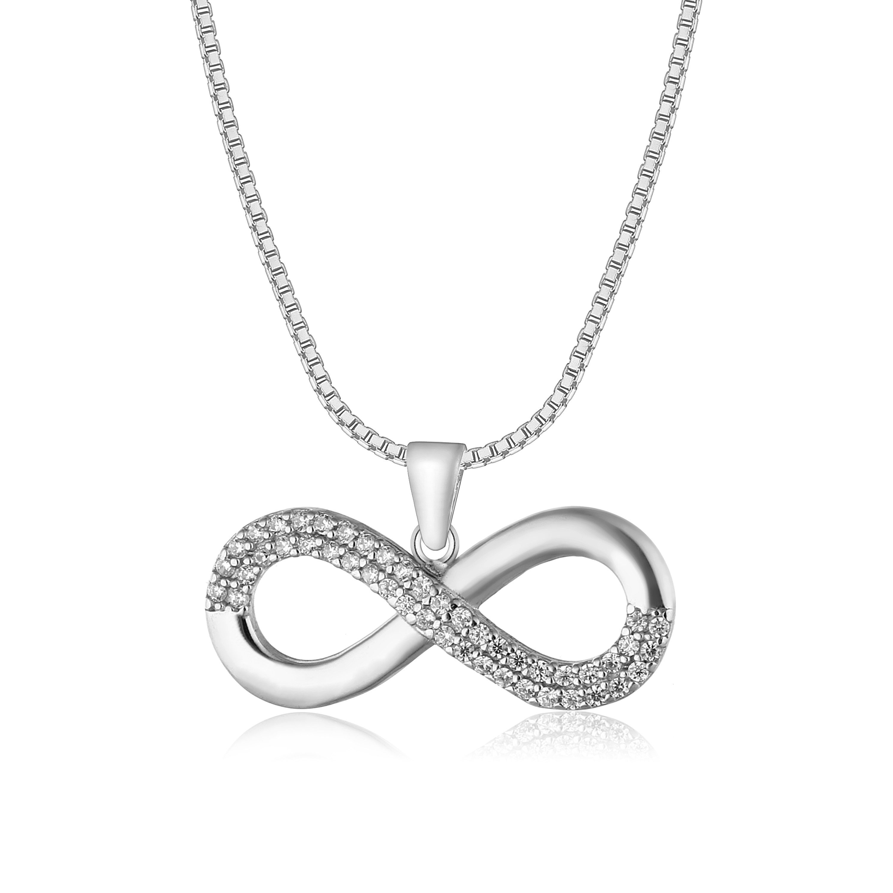 NAHLE Kette mit Anhänger Silberkette Infinity Unendlichkeitsschleife (inkl. Schmuckbox), 925 Silber Anhänger mit Zirkonia - rhodiniert