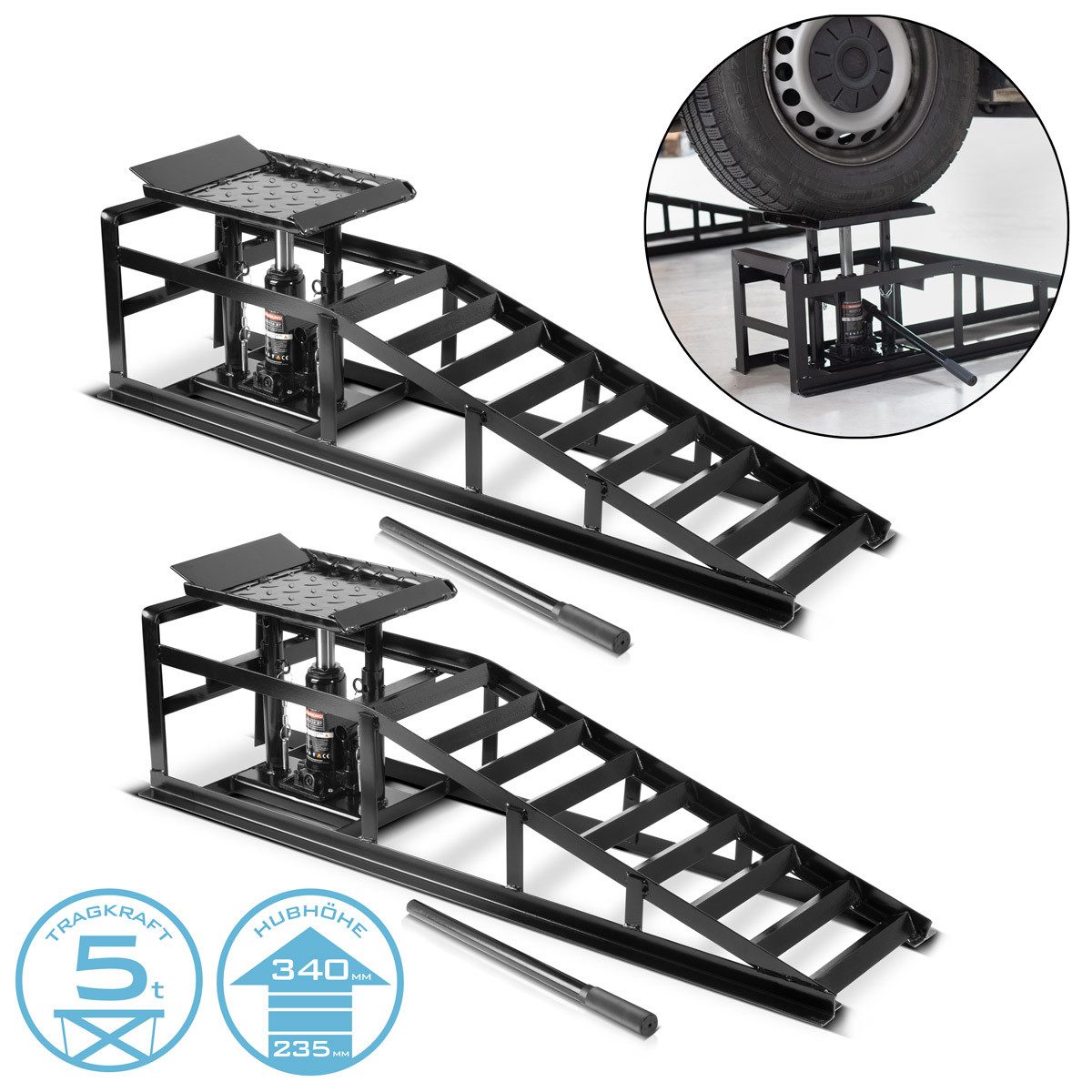 STAHLWERK Auffahrrampe Hydraulische Auffahrrampe GTH-14 ST 2er Set mit 5 (Set, 2-St., Set), Kraftvolle Hochleistungs-Hydraulik