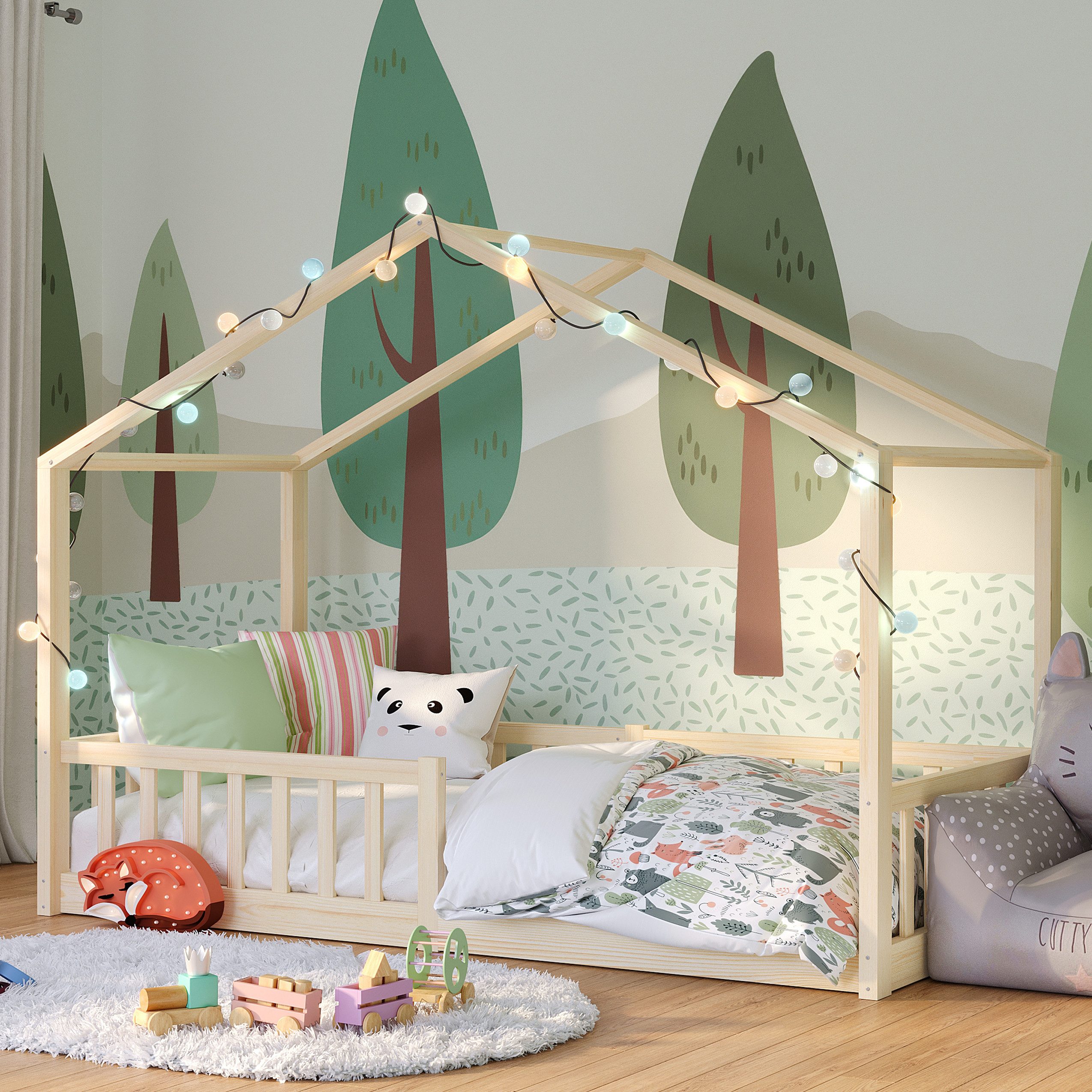 Bellabino Hausbett Bia (natur lackiert, 90x200 cm, Bodenbett mit Rolllatten günstig online kaufen