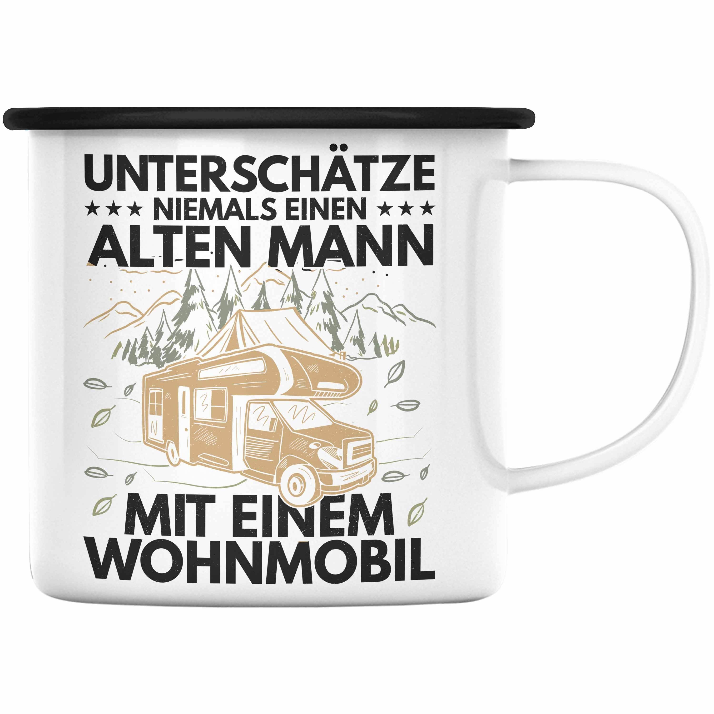 Trendation Thermotasse Trendation - Unterschätze Niemals Einen Alten Mannin Einem Wohnmobil Emaille Tasse Geschenk Camper Wohnmobilfahrer Geschenkidee Lustig Schwarz