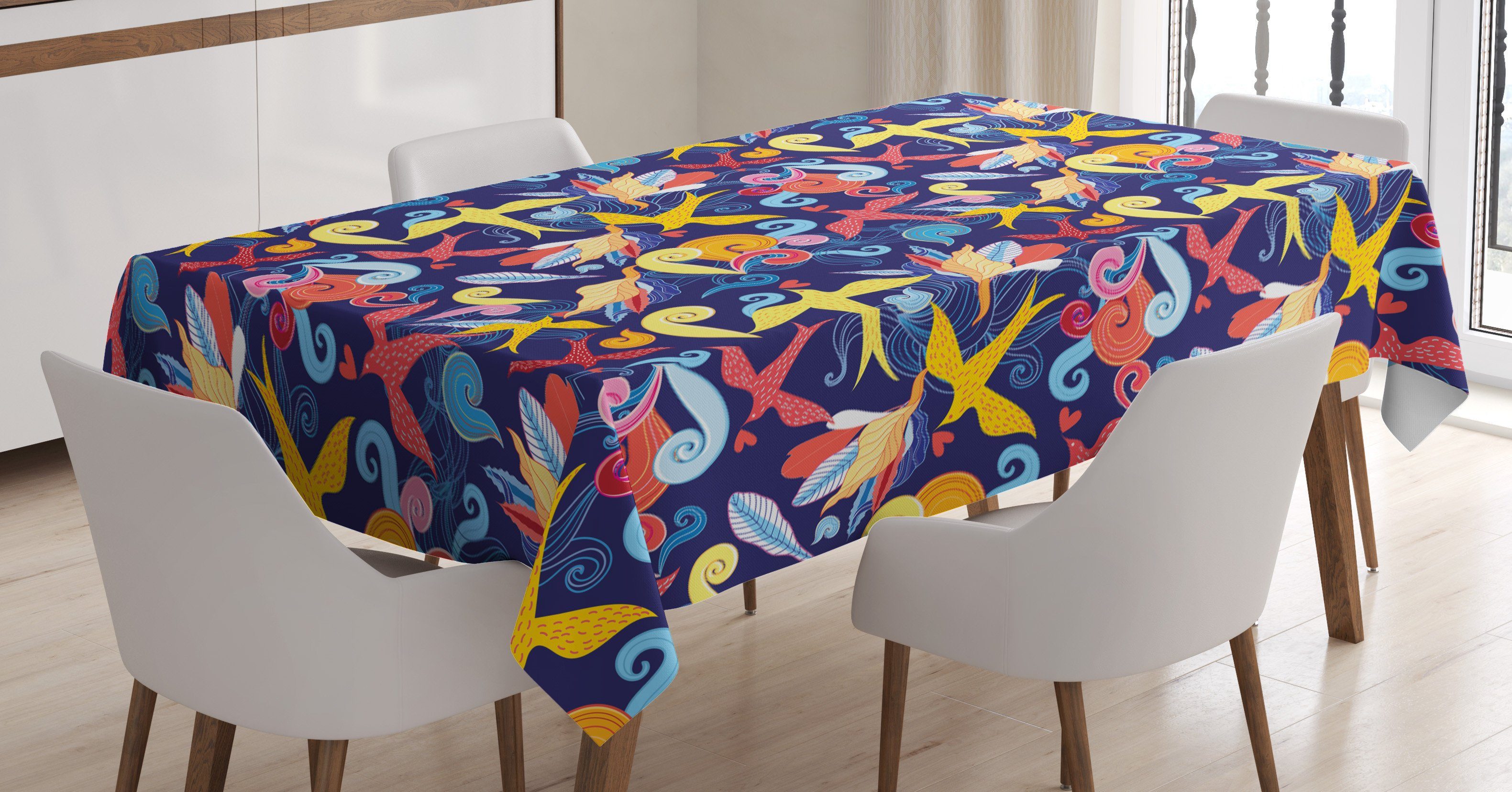 Abakuhaus Tischdecke Farbfest Waschbar Für den Außen Bereich geeignet Klare Farben, Bunt Abstrakte Vögel und Kurven