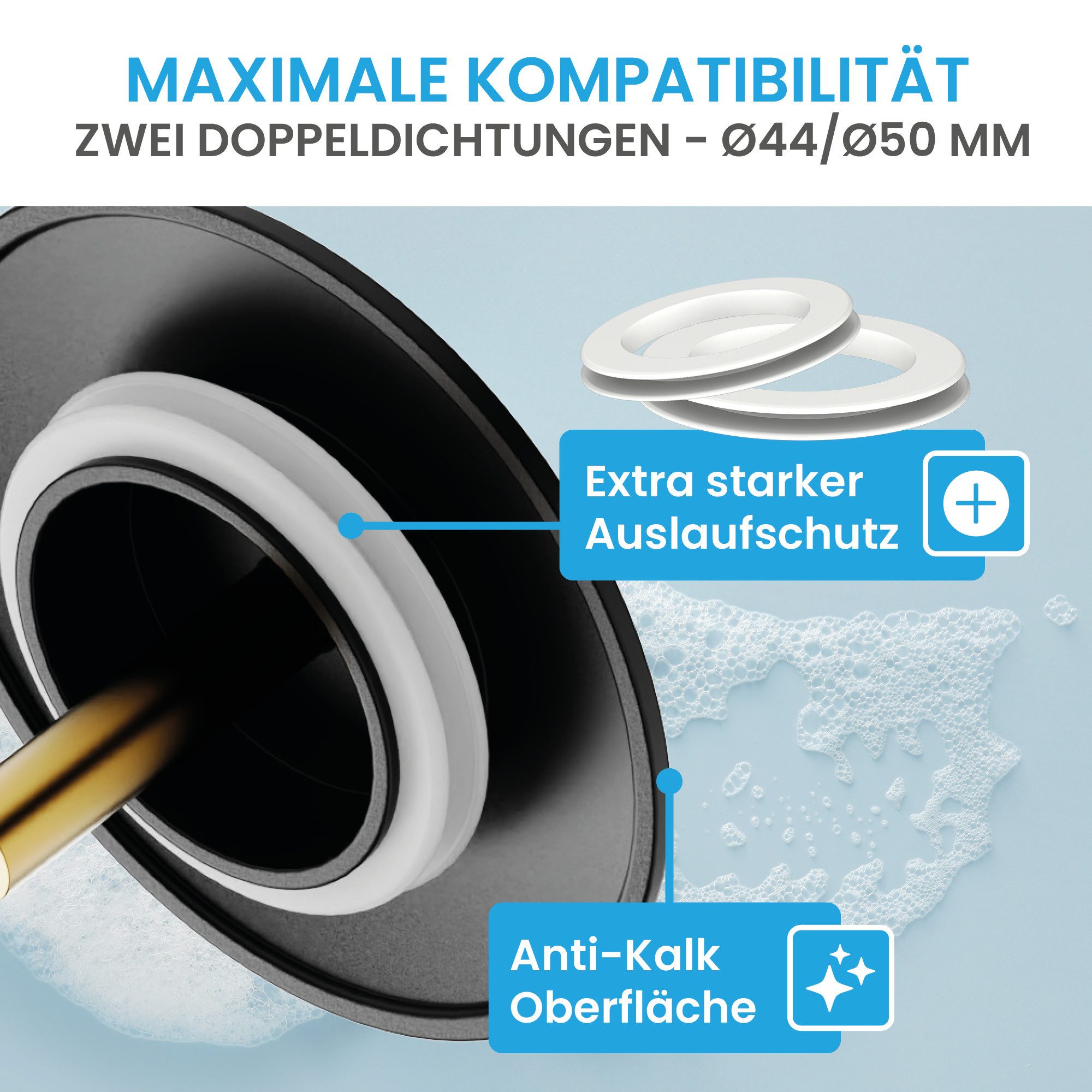 Bächlein Badewannenstöpsel Hochwertiger Badewannenstopfen mit Excenterverschluss, (Schwarz-matt), Ablaufgarnitur für jede Badewanne inkl. Dichtungen – Bild 3 von 5