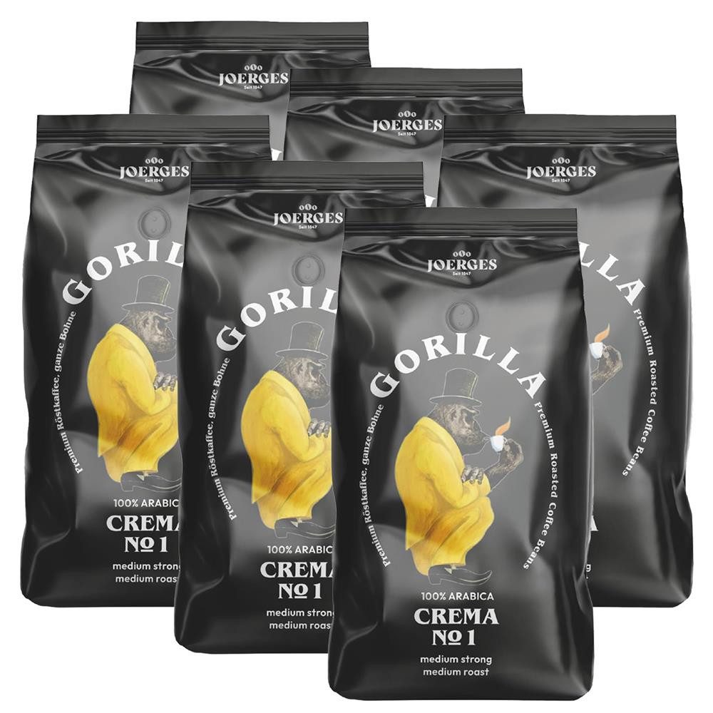 Gorilla Kaffee Joerges Crema No.1 ganze Kaffeebohnen schonend geröstet, 6 x 1000 g, 100% feinste Hochland Arabica-Bohnen