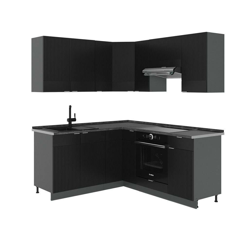 Vicco Winkelküche Fame-Line, Schwarz gestreift/Anthrazit/Anthrazit, 160 x 190 cm, AP...