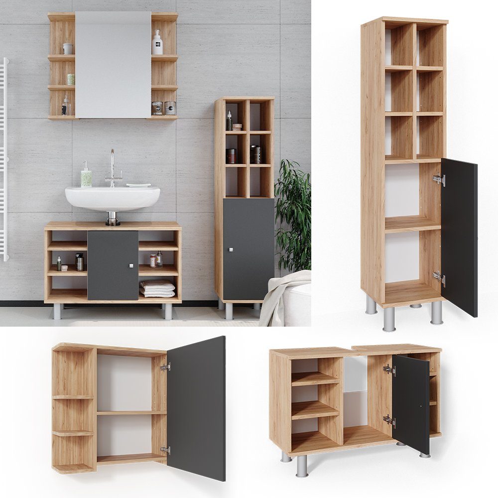 Vicco Badmöbel-Set Fynn, Goldkraft Eiche/Anthrazit, 3 günstig online kaufen