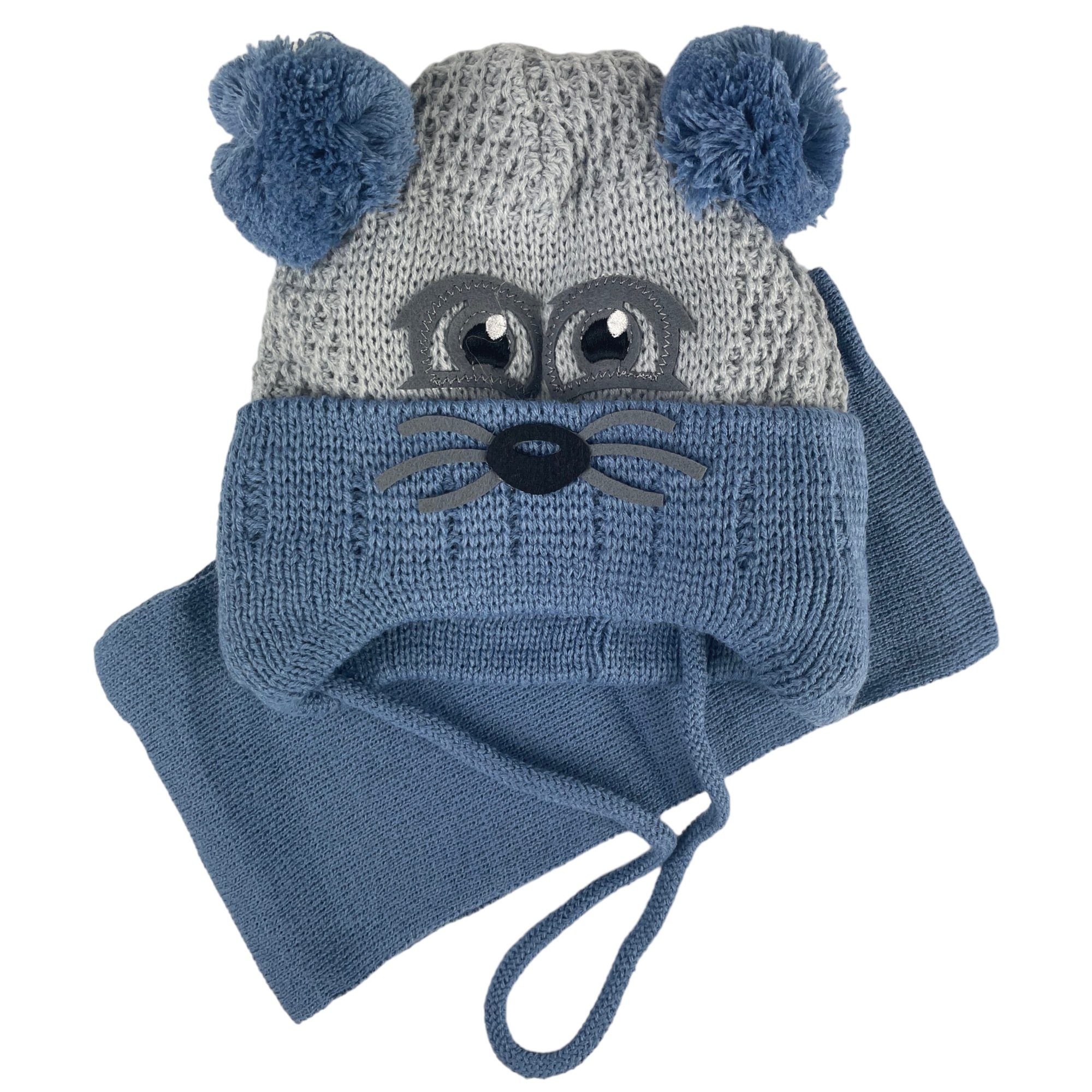 Taschen4life Mütze & Schal Kinder Mütze & Schal Set KK11 (2 teiliges Set) mit Maus Gesicht und Bommel Ohren