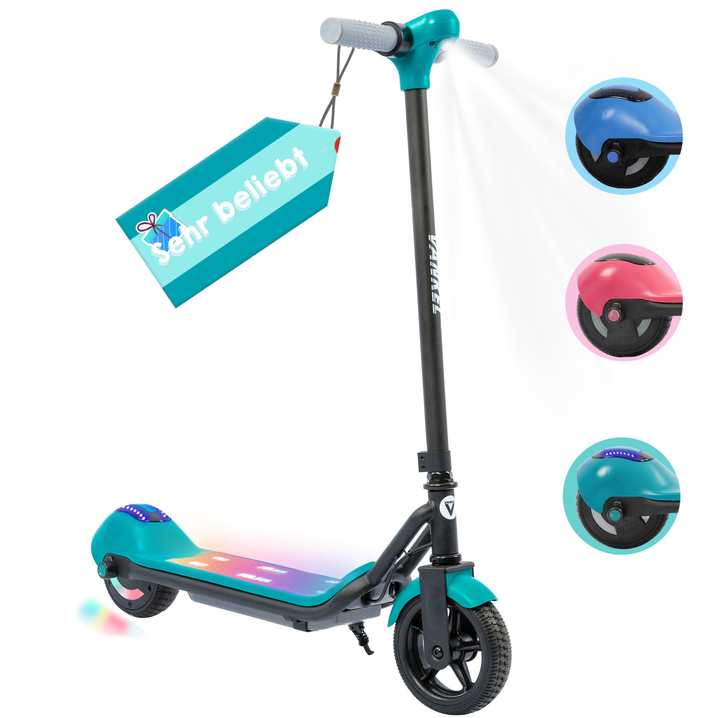Vankel Elektro-Kinderroller E Scooter für Kinder, Cityroller 14 km/h, Bluetooth & Bunte Lichter, 5-9km, E-Bremse, sicherer Fahrspaß für Kinder ab 6 Jahren