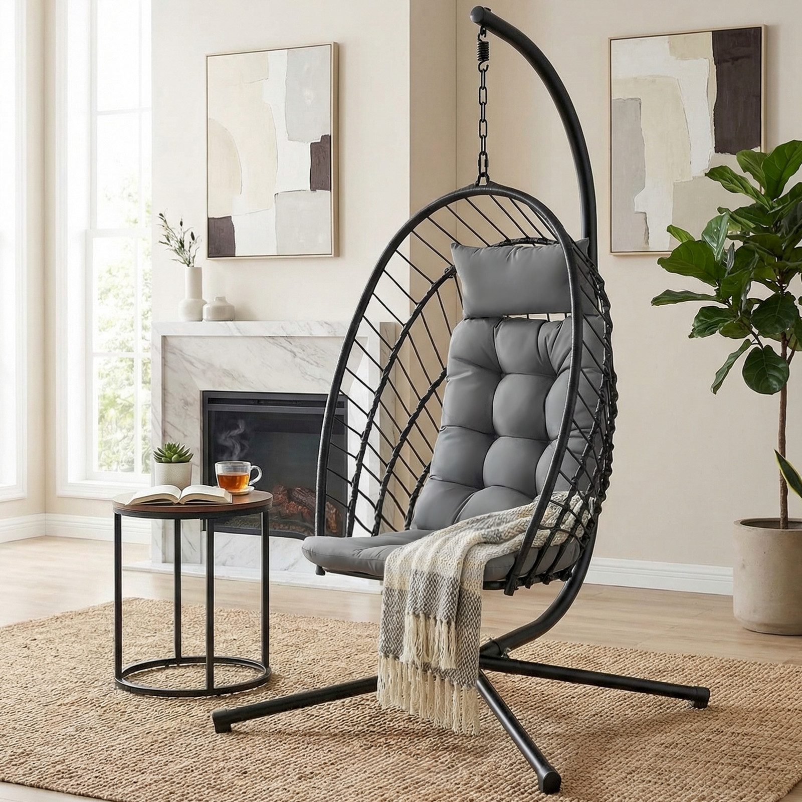 TLGREEN Hängesessel mit Gestell, Klappbarer Eiersessel, 360° Drehbar (Indoor & Outdoor Schaukelstuhl, Ergonomischer Relaxsessel mit Kissen), für Garten Balkon Wohnzimmer, Belastbar bis 160kg