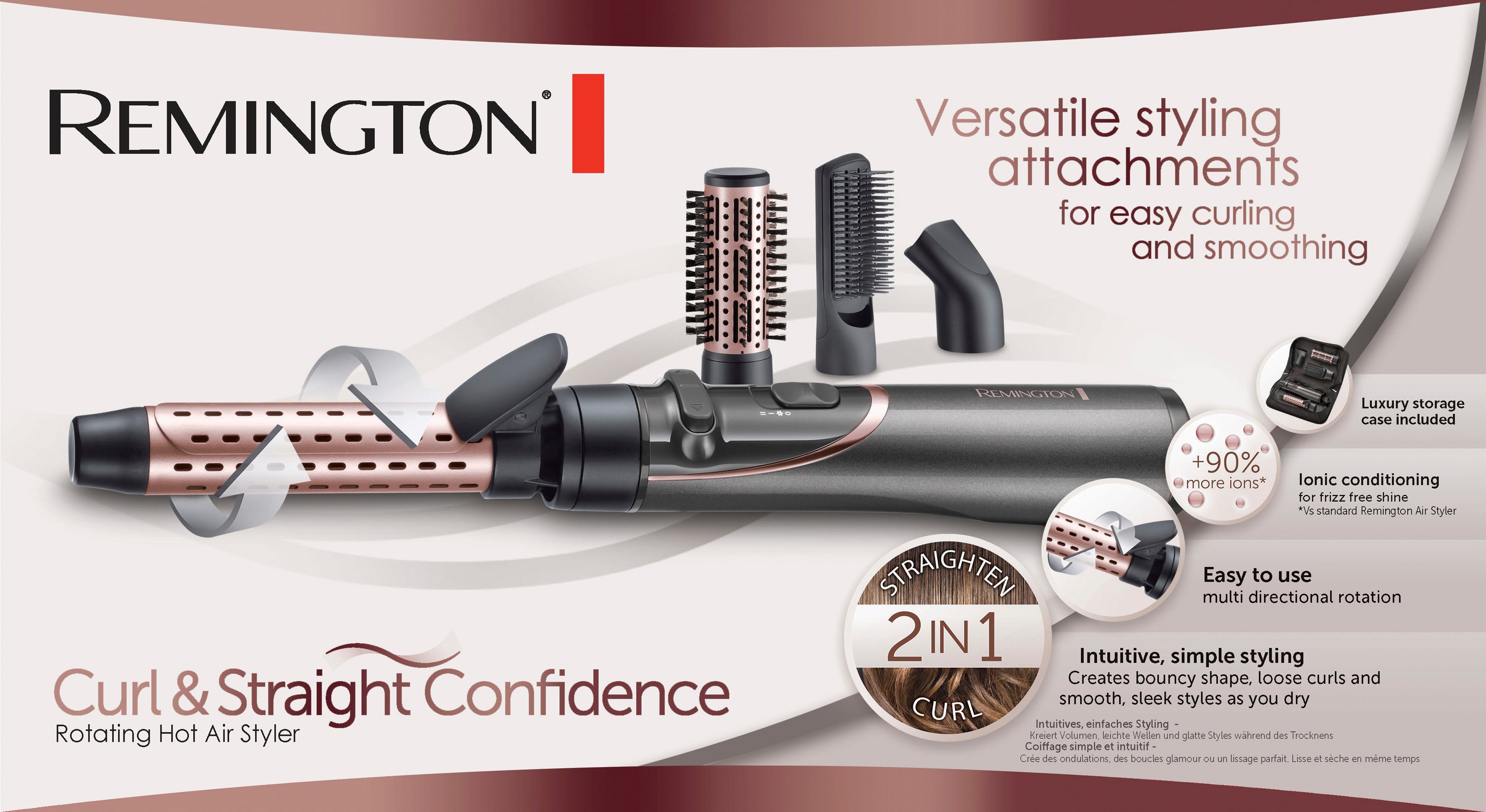 Remington Warmluftbürste & Ionen Straight 3-in1 Curl AS8606, Confidence Styler