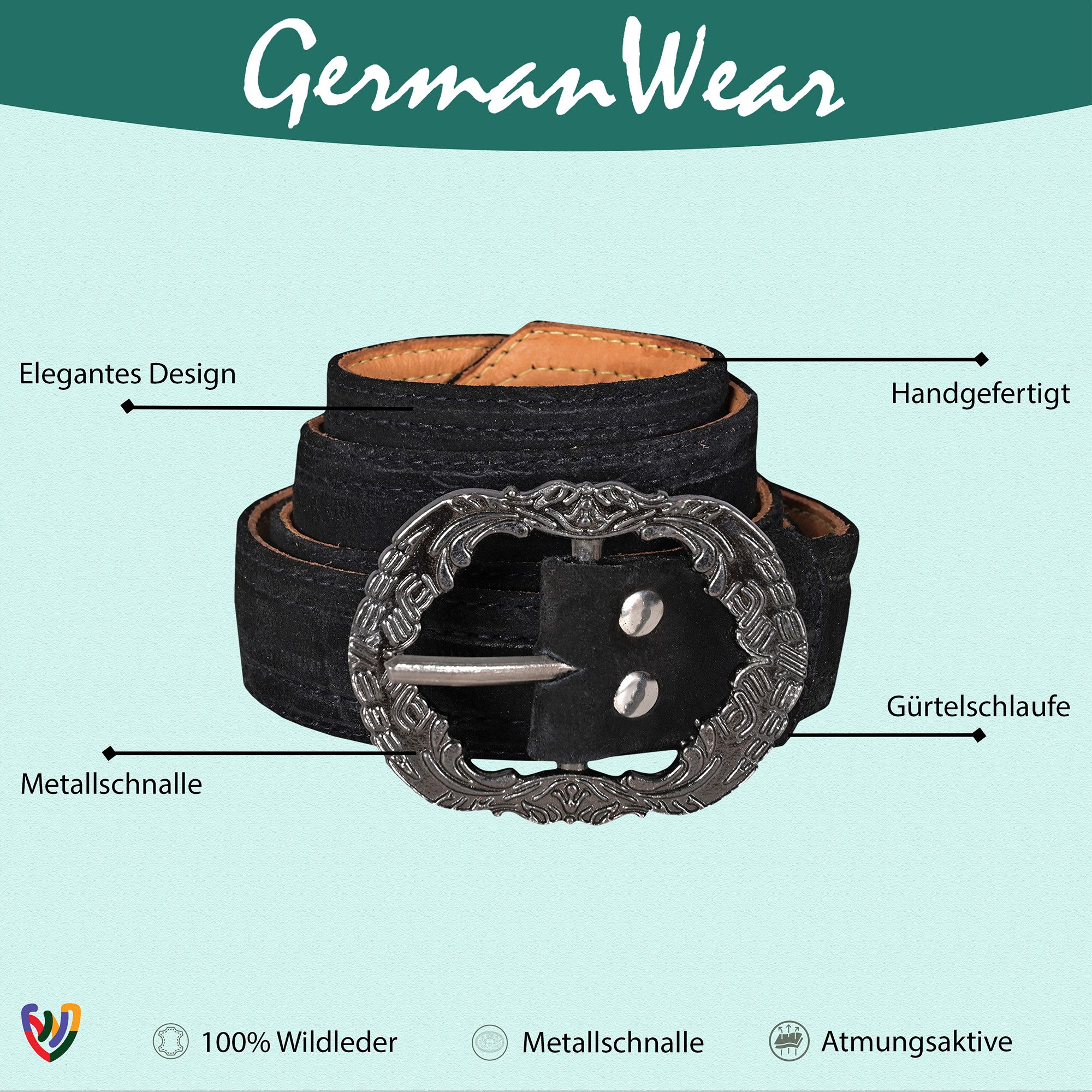 German Wear Ledergürtel GW1902-Gürtel Trachtengürtel aus Echtleder für Lederhosen mit Schnalle