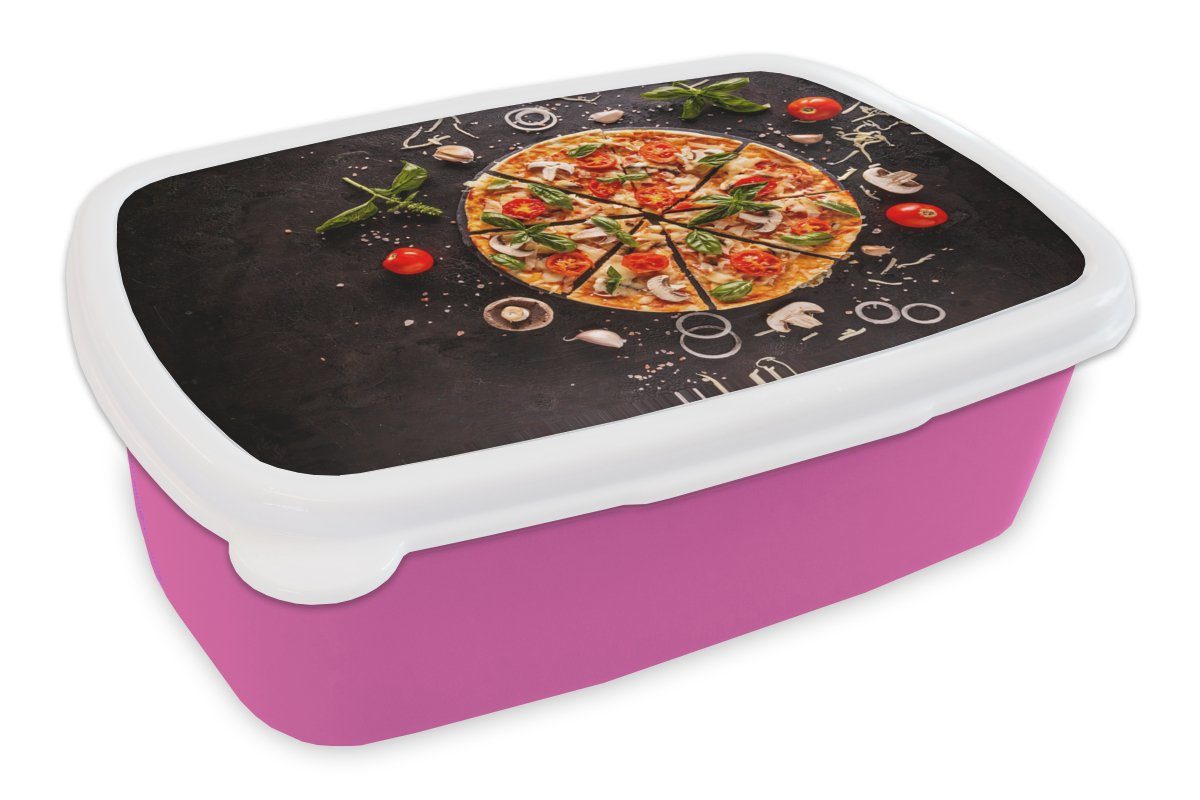 MuchoWow Lunchbox Pizza - Gemüse - Kräuter - Küche - Industrie, Kunststoff, (2-tlg), Brotbox für Erwachsene, Brotdose Kinder, Snackbox, Mädchen, Kunststoff rosa | Lunchboxen