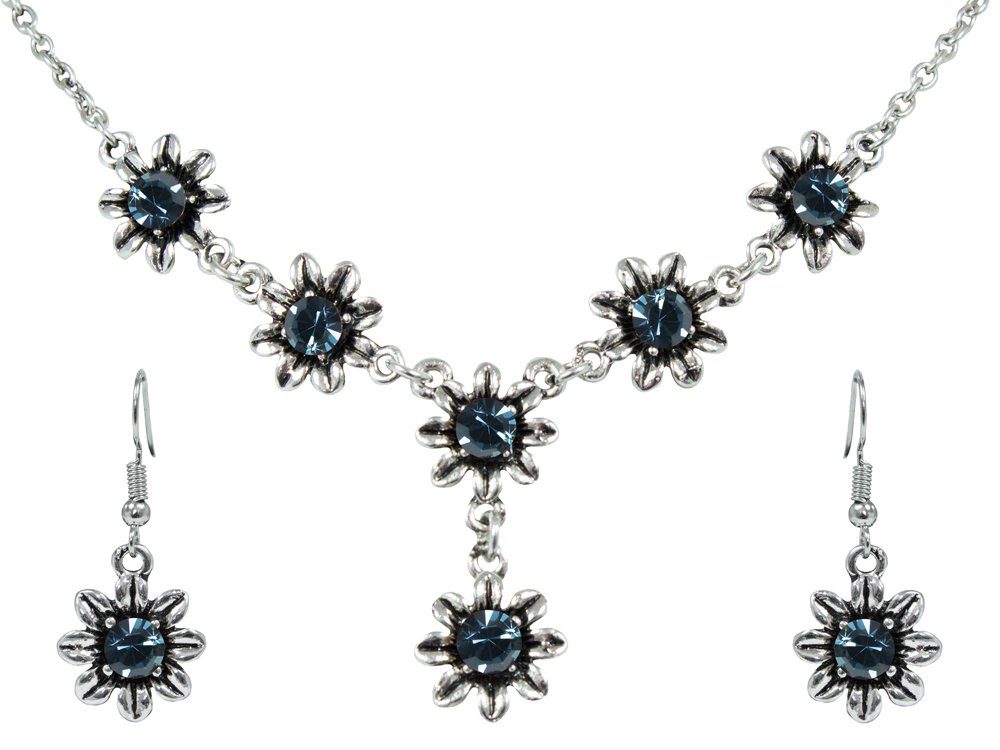 Trachtenland Kette mit Anhänger Blumen Collier mit Ohrhängern - Ozeanblau
