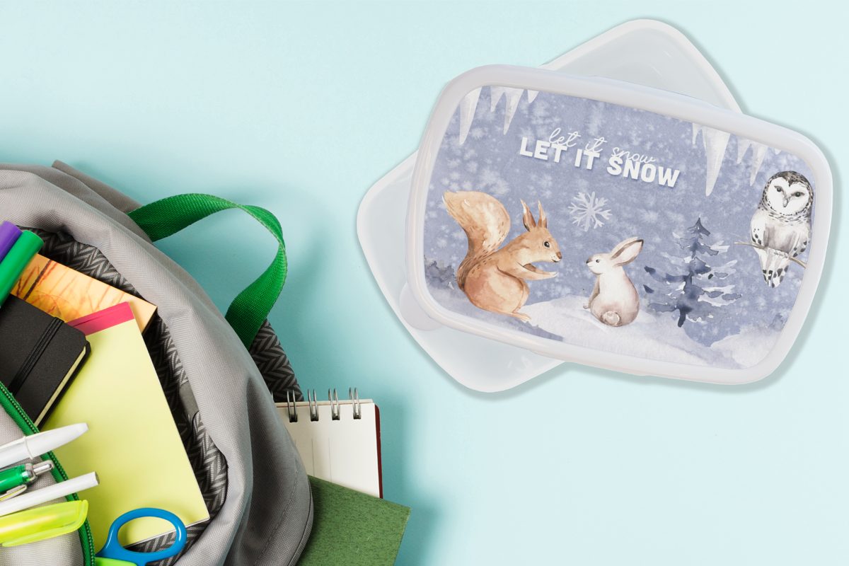 für Brotbox Schnee Kinder Winter Jungs für (2-tlg), Kunststoff, - Erwachsene, und und Lunchbox weiß MuchoWow Mädchen - Eichhörnchen, Brotdose,