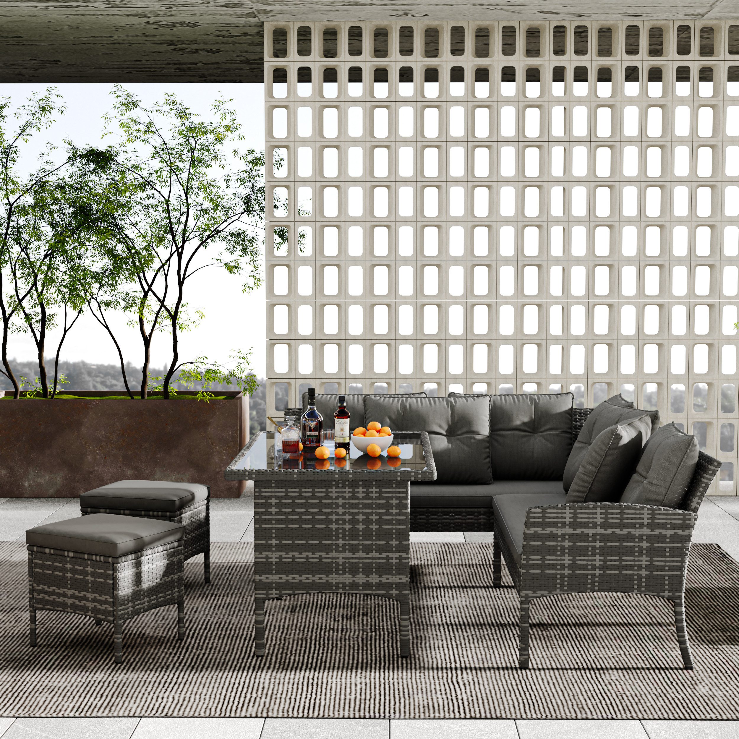Flieks Gartenlounge-Set, 7-Sitzer L-förmiges Gartenmöbel Polyrattan günstig online kaufen