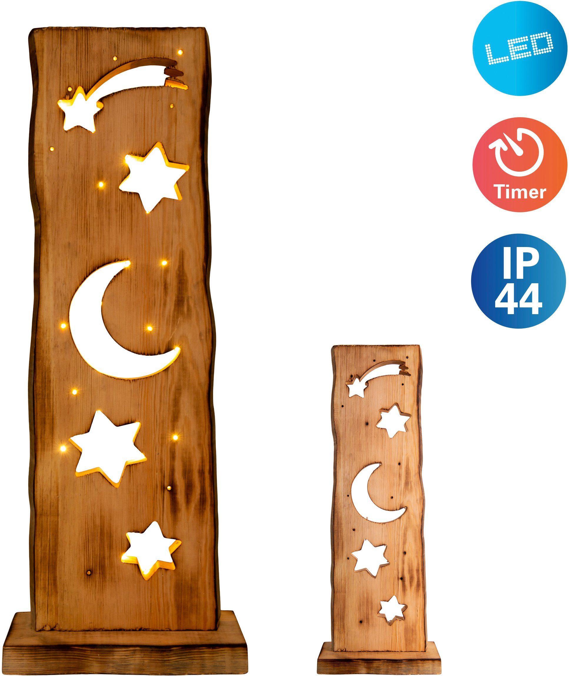 Dekoobjekt an näve incl. aus), Timer Holz und (6h Für Moon/Stars, LED Warmweiß, Aussenbereich fest integriert, 18h Light Ein-/Ausschalter, LED geeignet, aus