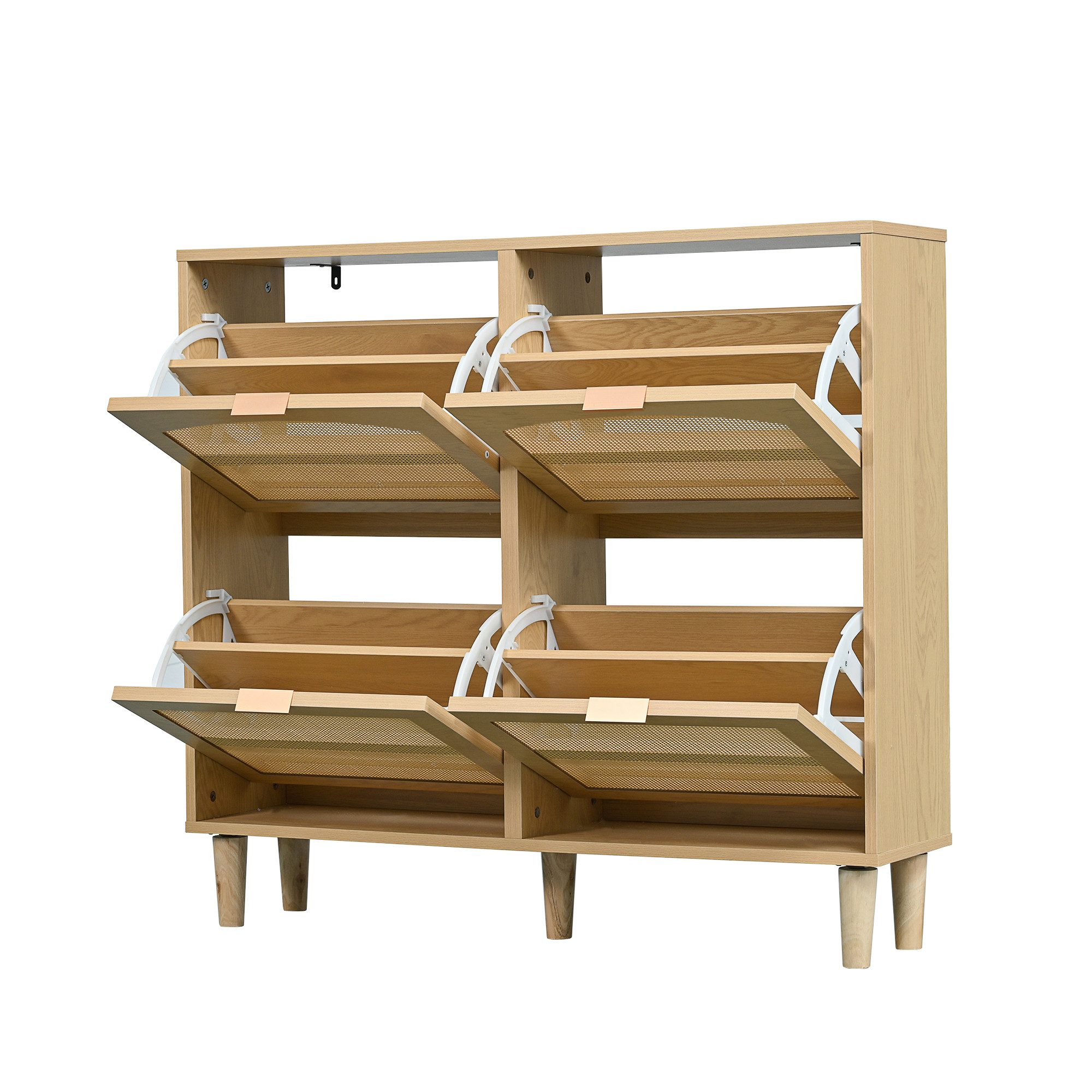 KLAM HOME Schuhschrank Schuhkommode aus Rattan mit Metallgriffen und 4 Klappschubladen (Holzmöbel, Landhausstil, Maße: 100 x 25 x 90 cm) Schuhregal für Flur, Sc – Bild 2 von 5