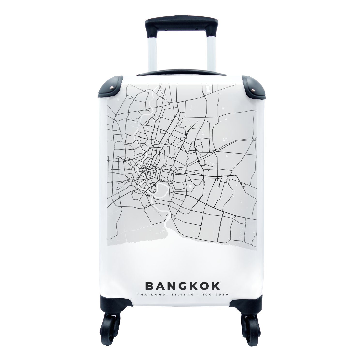 MuchoWow Handgepäckkoffer Bangkok - Stadtplan - Schwarz und weiß - Karte, 4 Rollen, Reisetasche mit rollen, Handgepäck für Ferien, Trolley, Reisekoffer