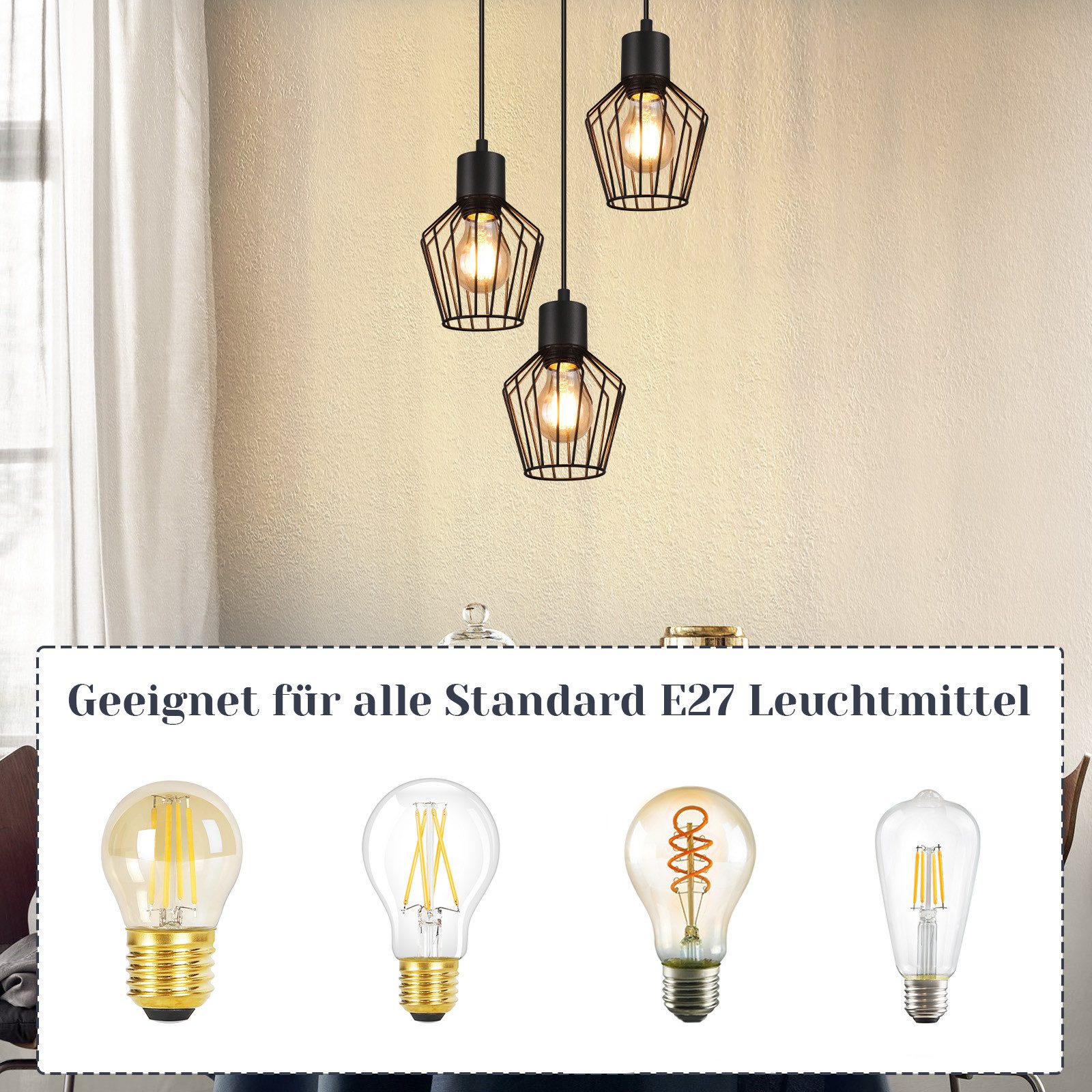 Nettlife Pendelleuchte Retro Schwarz Esstisch E27 Metallschirm Industrie Stil Hängelampe, ohne Leuchtmittel, Wohnzimmer Küche Schlafzimmer Cafe
