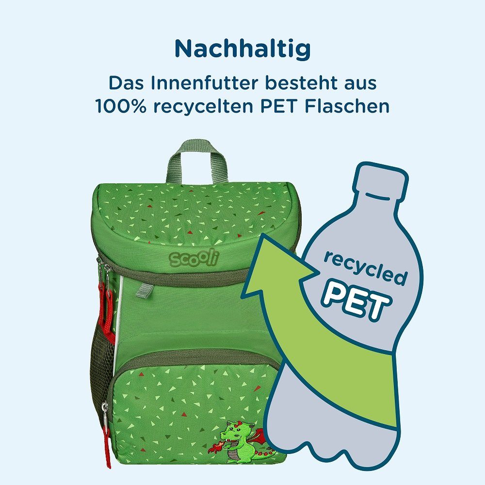 und Drache Kinderrucksack und mit Mini-Me für Jungen Set inkl. Brotdose Turnbeutel, Dragon Diego Rucksack Mädchen in Scooli Grün (Set, Trinkflasche),