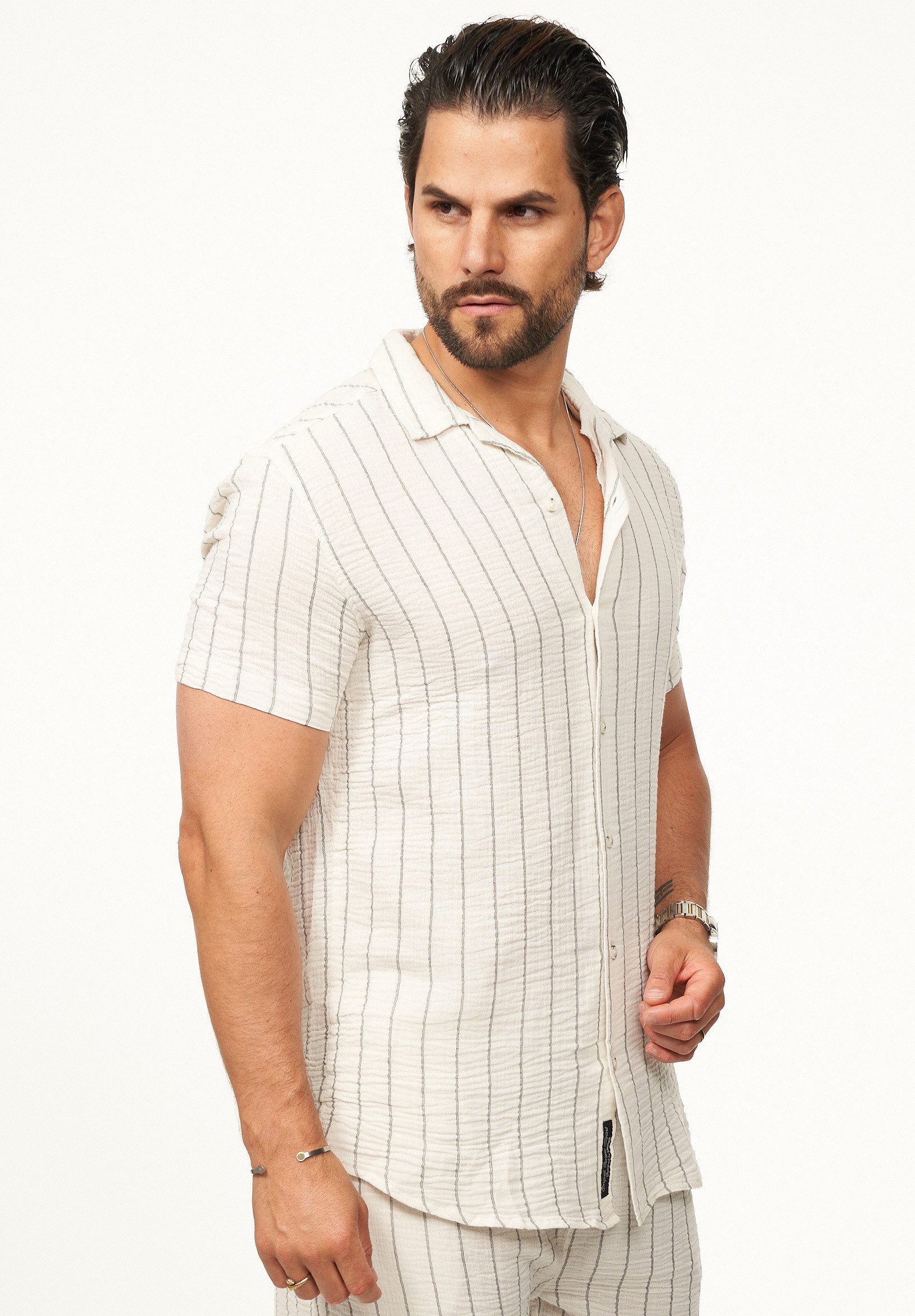 CARISMA Kurzarmhemd für Herren im luftigen Crinkle-Stoff mit Streifen - Summer-Look Kurzarm Strick Polo-Hemd T-Shirt luftig & leicht