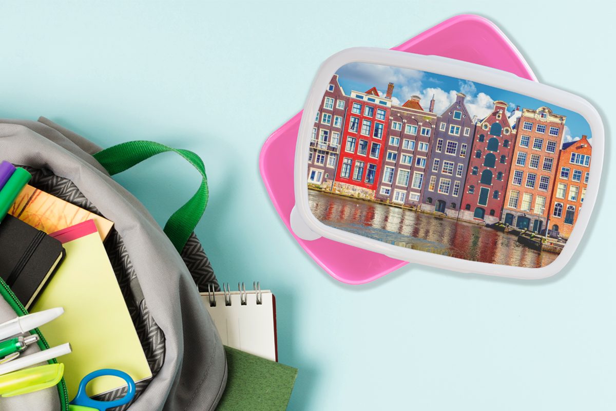 Kinder, Amsterdam, Grachtenhäuser für Lunchbox MuchoWow Kunststoff Kunststoff, - - Brotdose Erwachsene, Brotbox rosa Mädchen, Wasser Snackbox, (2-tlg),