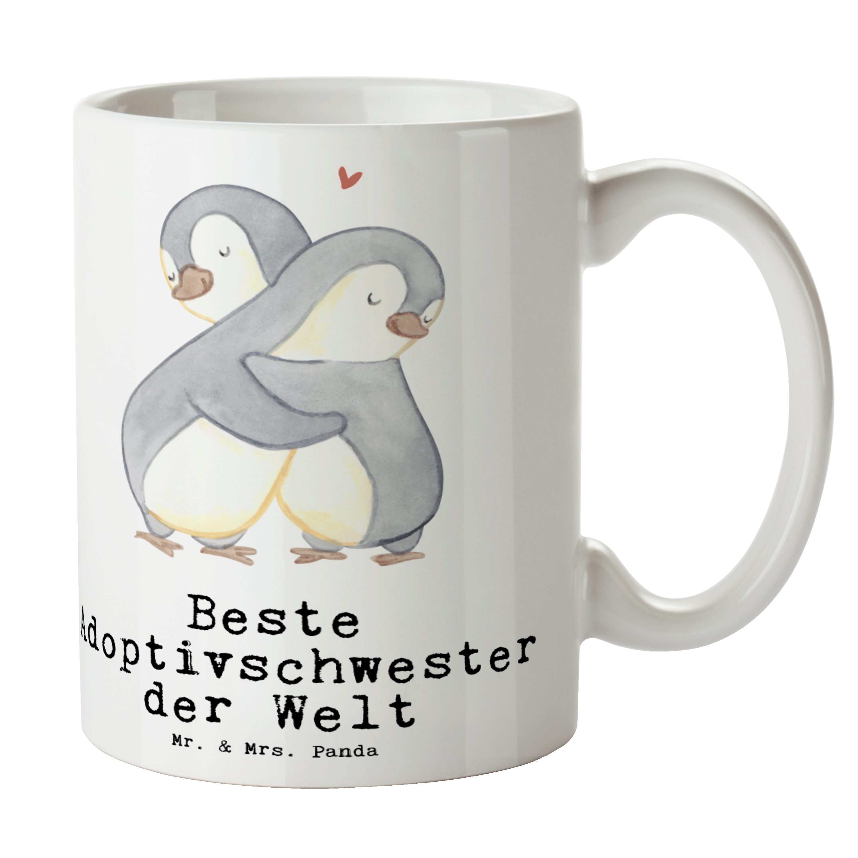 Mr. & Mrs. Panda Tasse Pinguin Beste Adoptivschwester der Welt - Weiß - Geschenk, Kaffeebecher, Geschwister, Tee, Becher, für, Sister, Geburtstag, Büro, Geschenkidee, Keramik