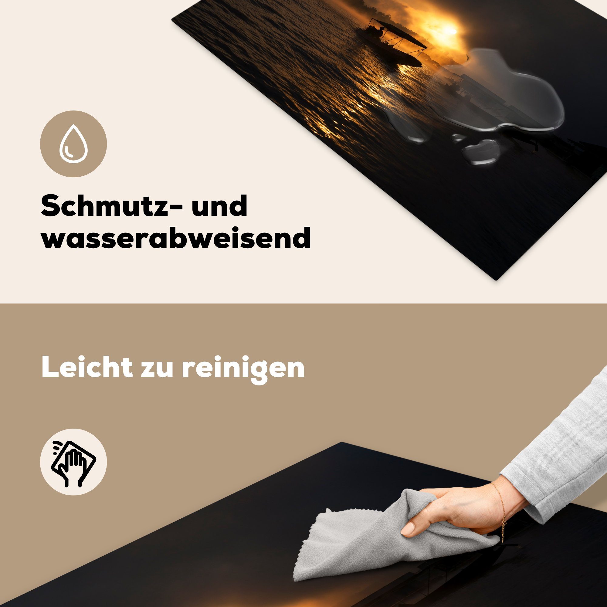 MuchoWow mit Boot Vinyl, (1 Sonnenuntergang, im Schutz für cm, tlg), die 81x52 Herdblende-/Abdeckplatte Nebel Ceranfeldabdeckung küche, Induktionskochfeld