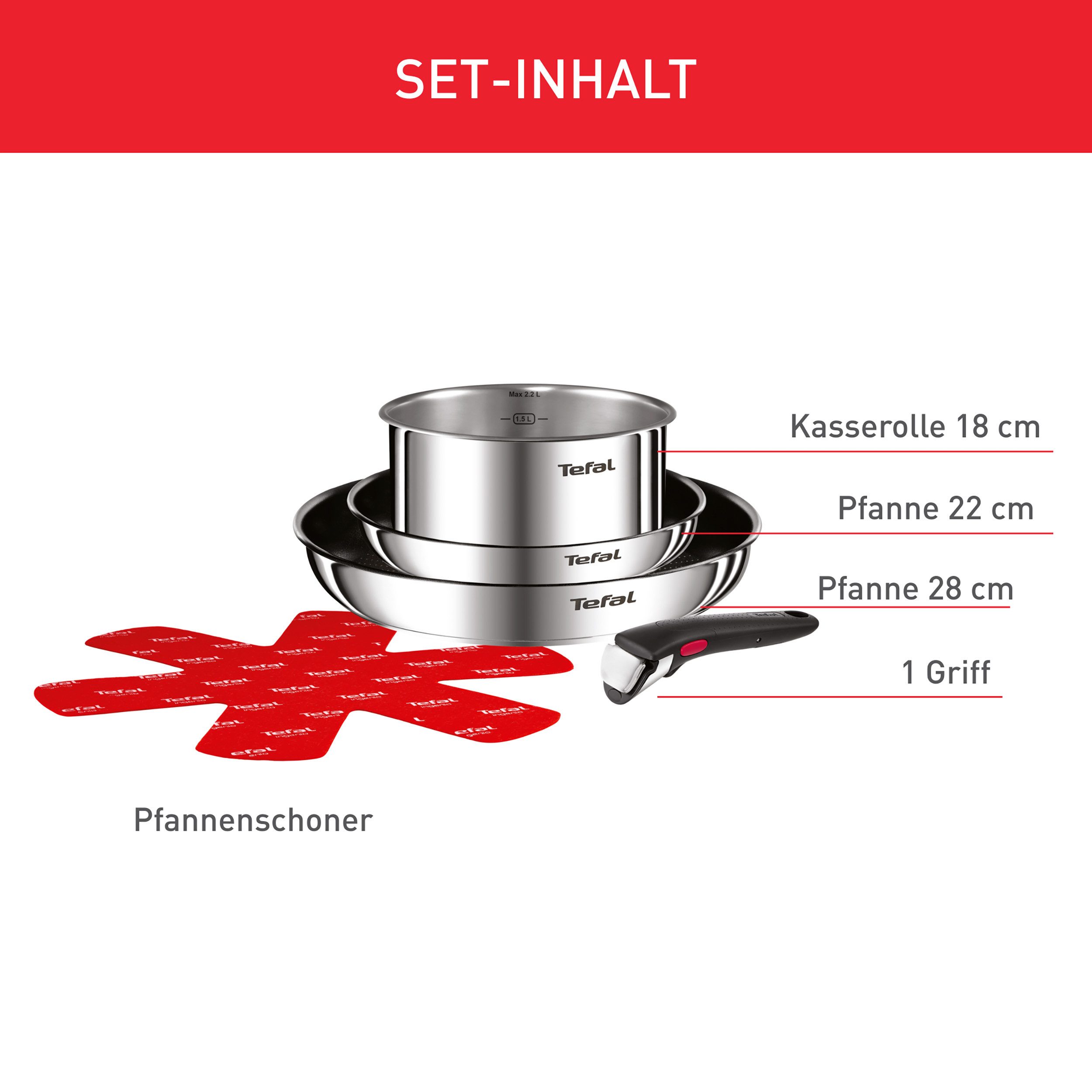 Tefal Pfannen-Set Ingenio Emotion, Edelstahl (Set, 5-tlg), abnehmbarer Griff, Antihaftversiegelung, Thermo-Signal, Induktion